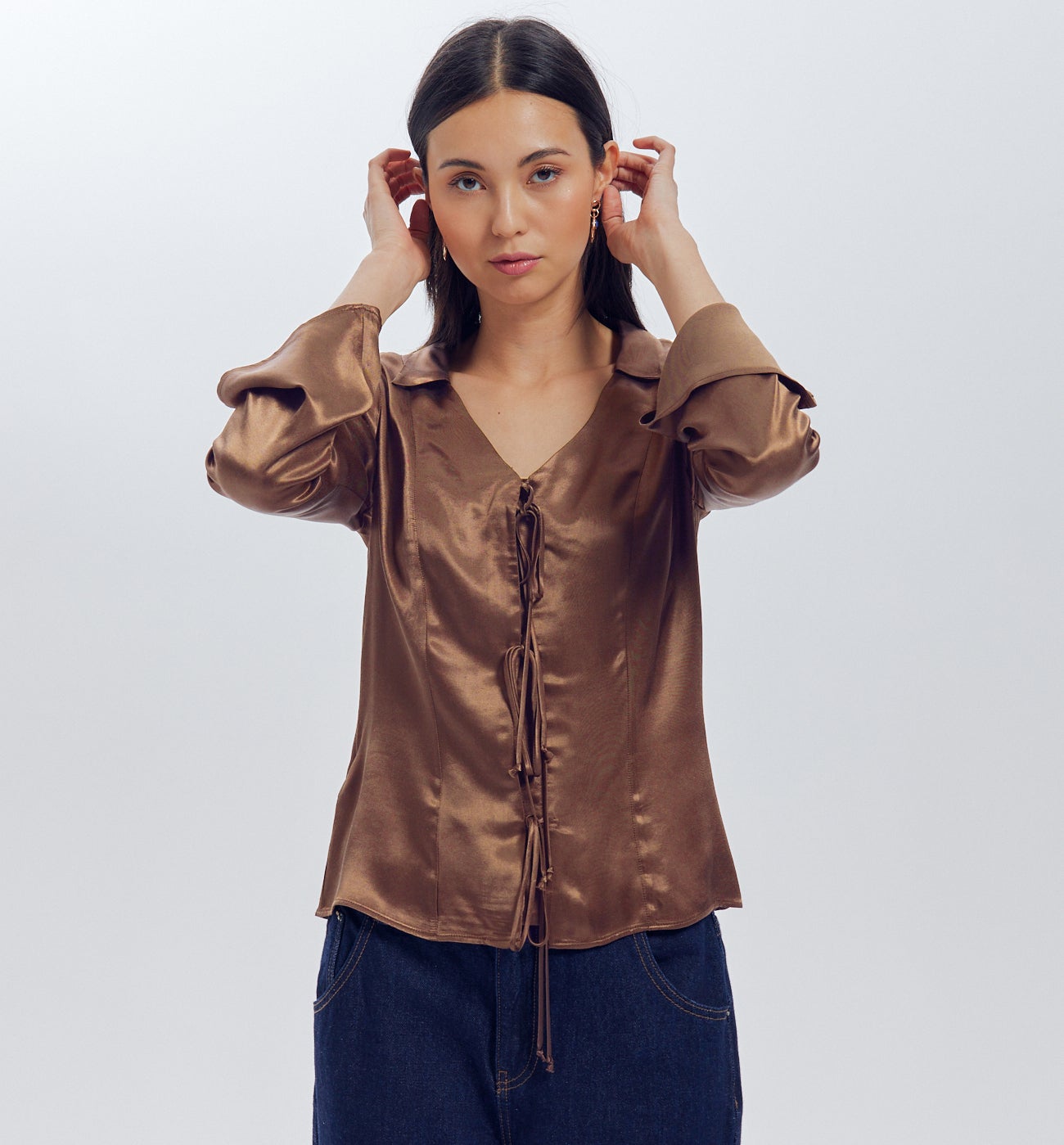 Plain satin blouse - Soft chestnut