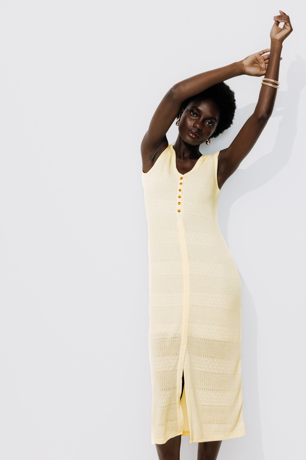 Long pointelle effect dress - Beige