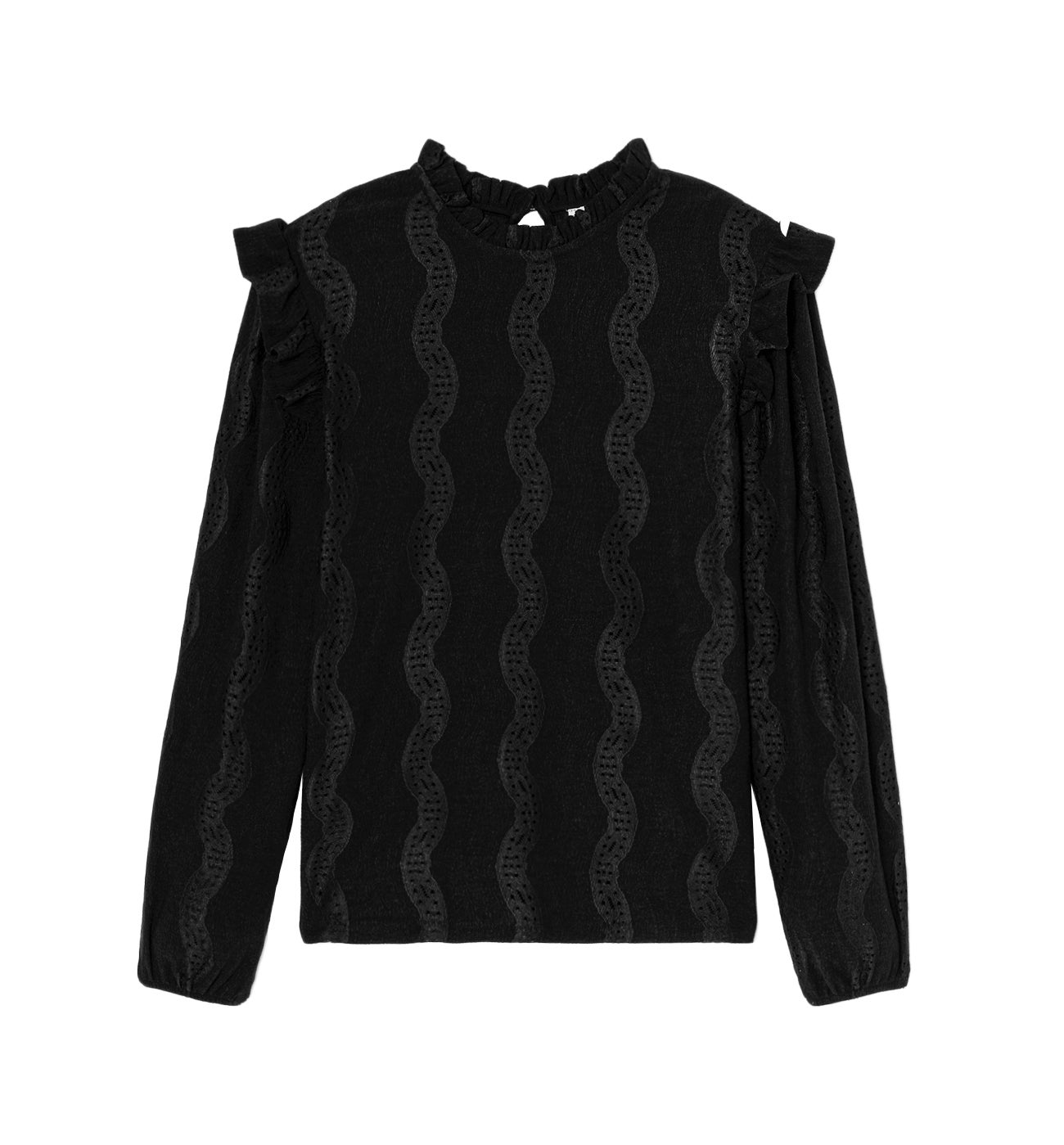 Frilly neckline top - Black