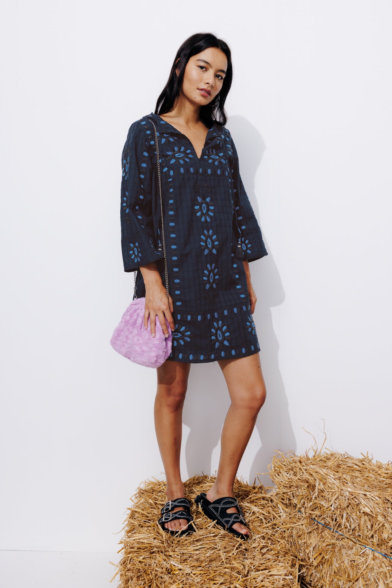 Embroidered tunic dress - Navy blue