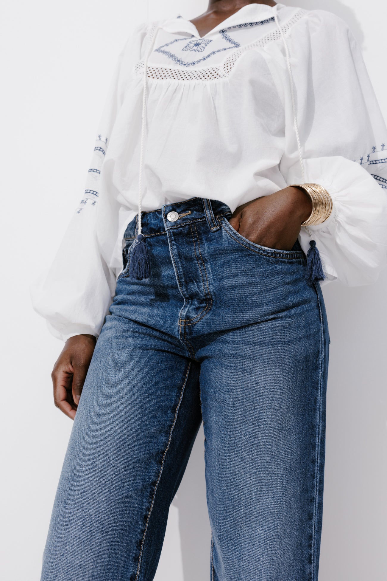 High-waist straight leg jeans - Ecru