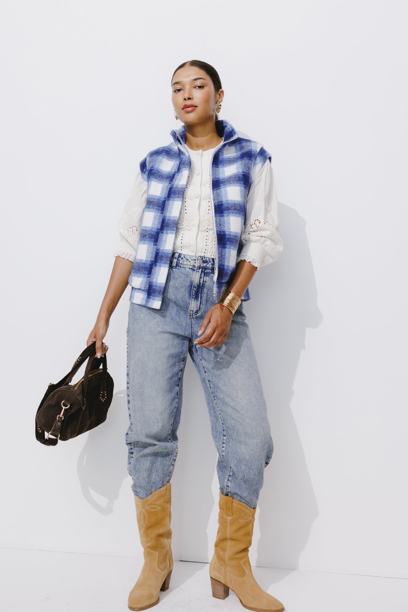 Sleeveless checked jacket - Black print