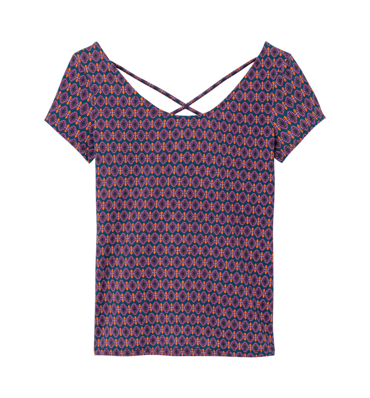 Low round-neck top - Navy blue print