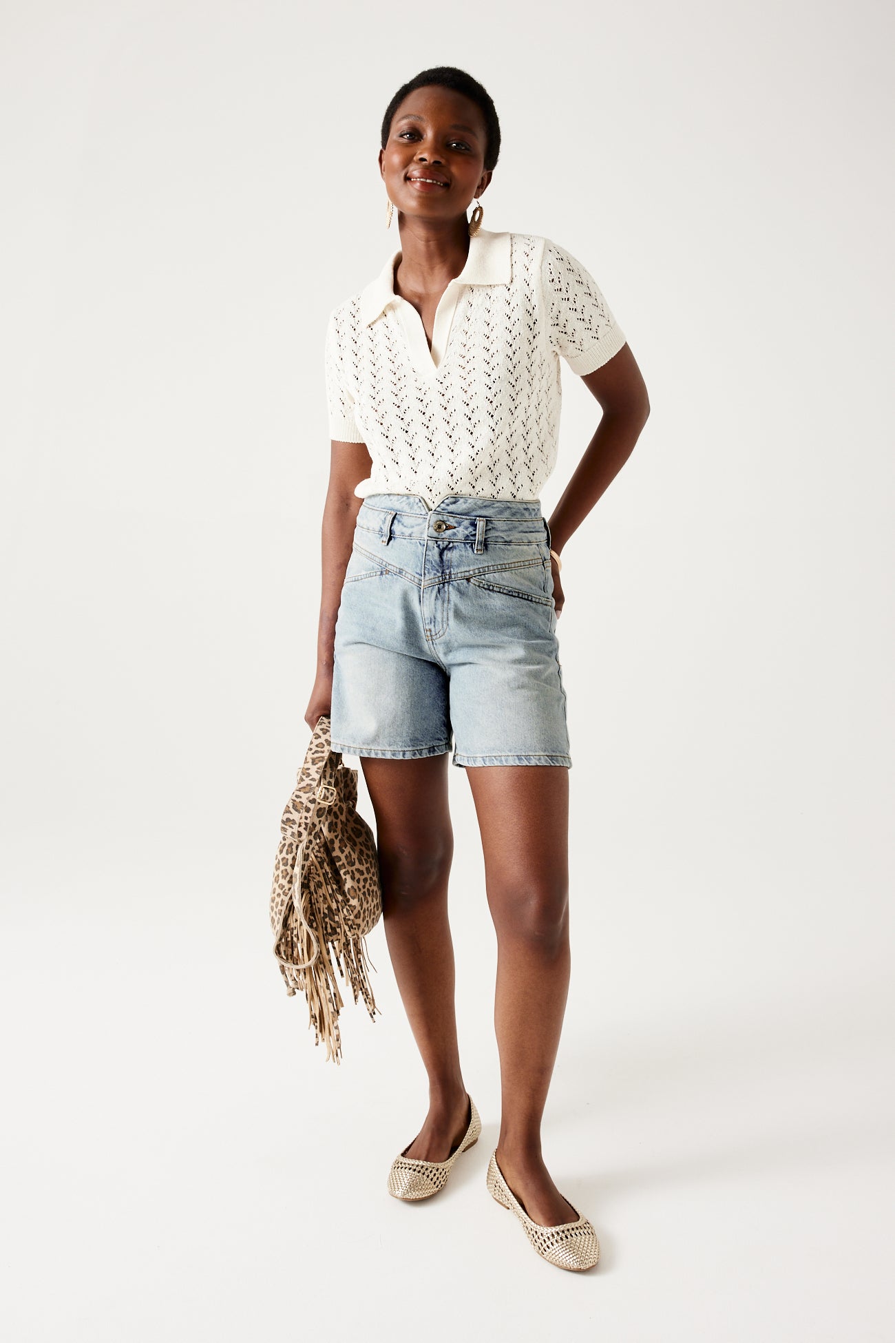 High-waist denim shorts - Ecru