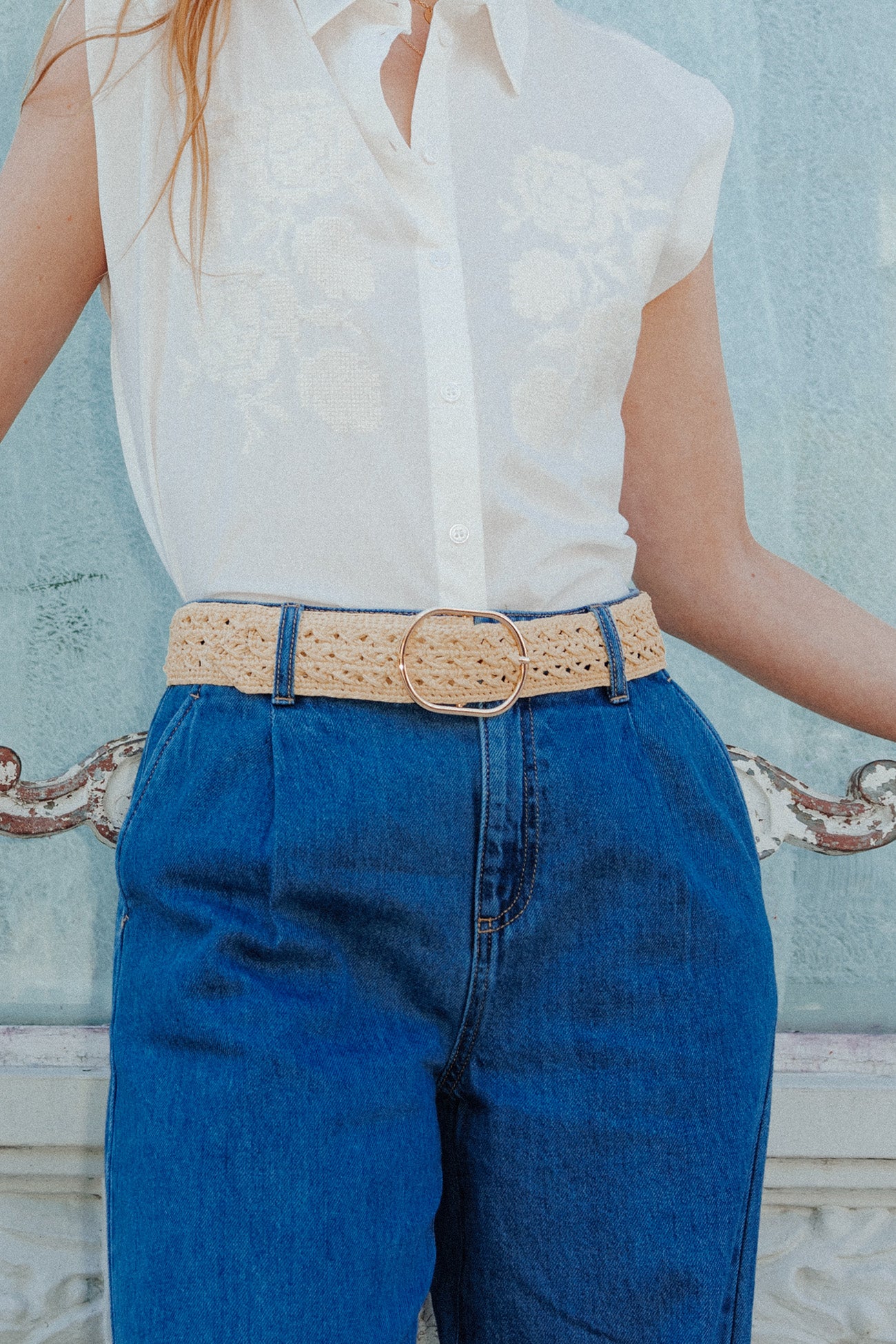 Wide open-weave belt - Ecru