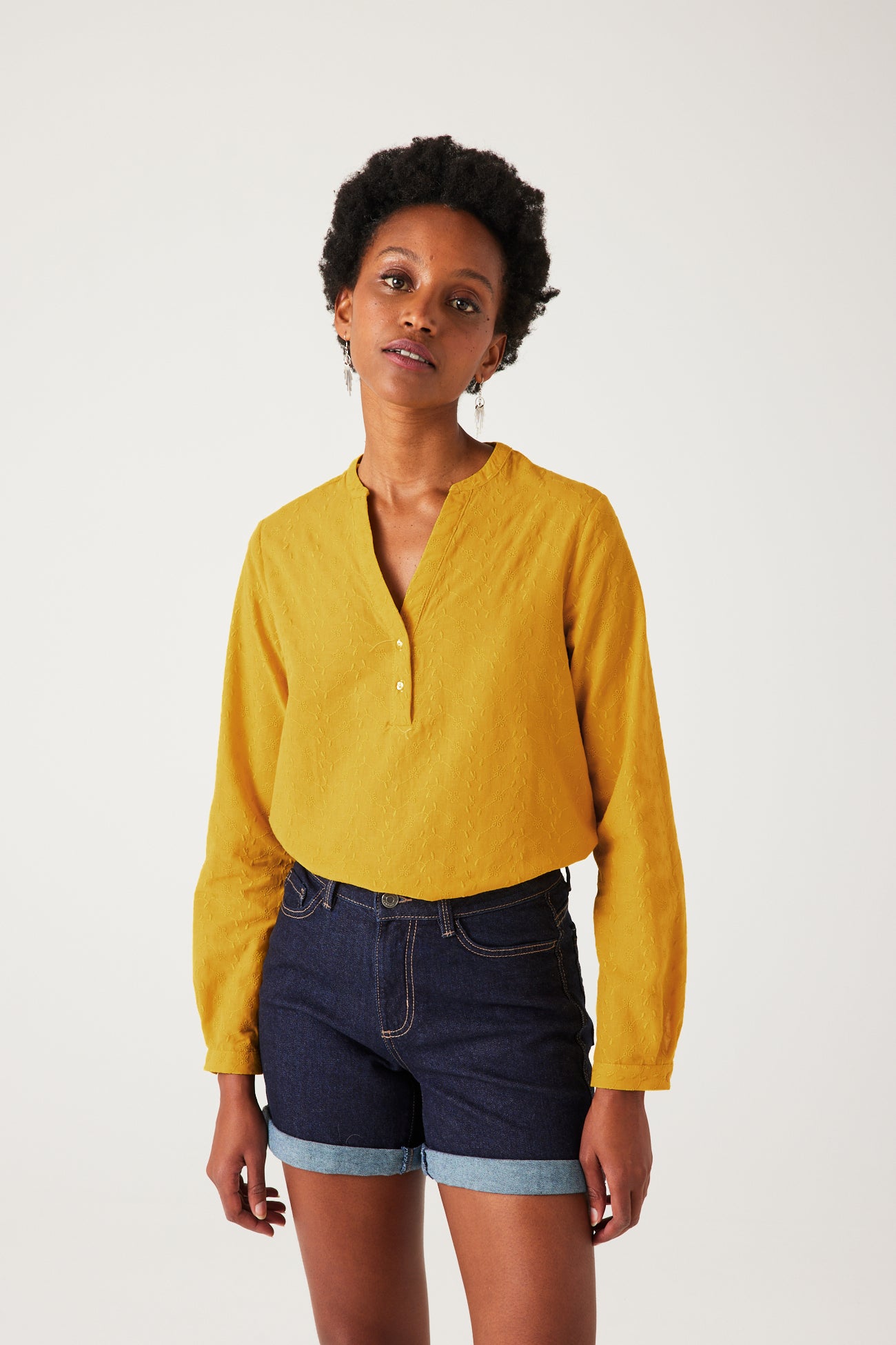 Plain embroidered blouse - Ochre