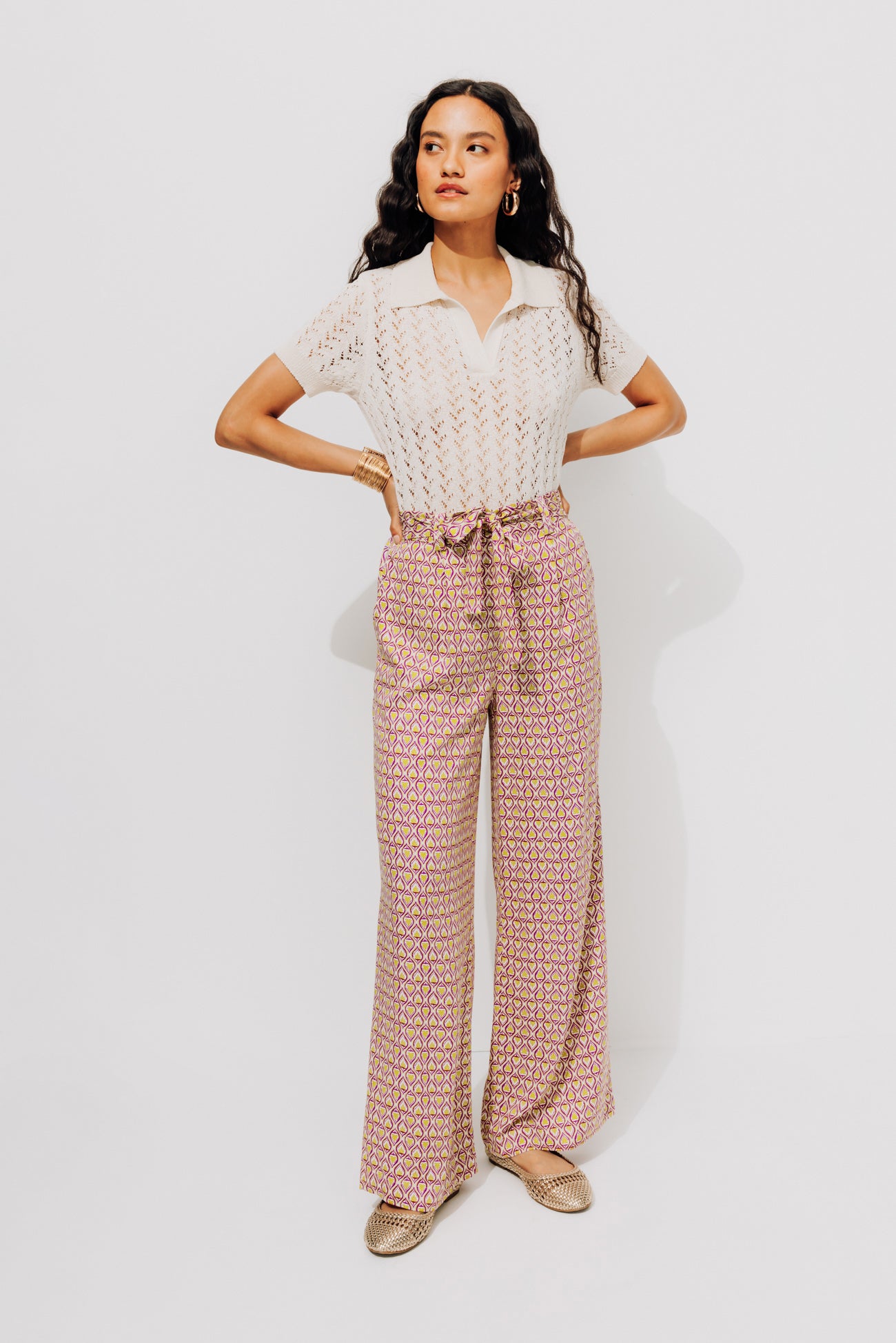 High-waist wideleg trousers - Ochre print