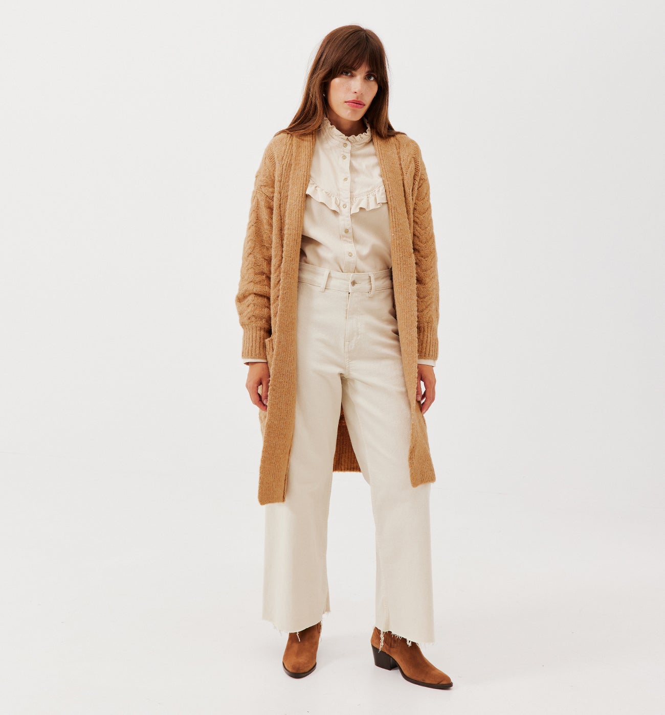 Long cable-knit cardigan - Chestnut brown