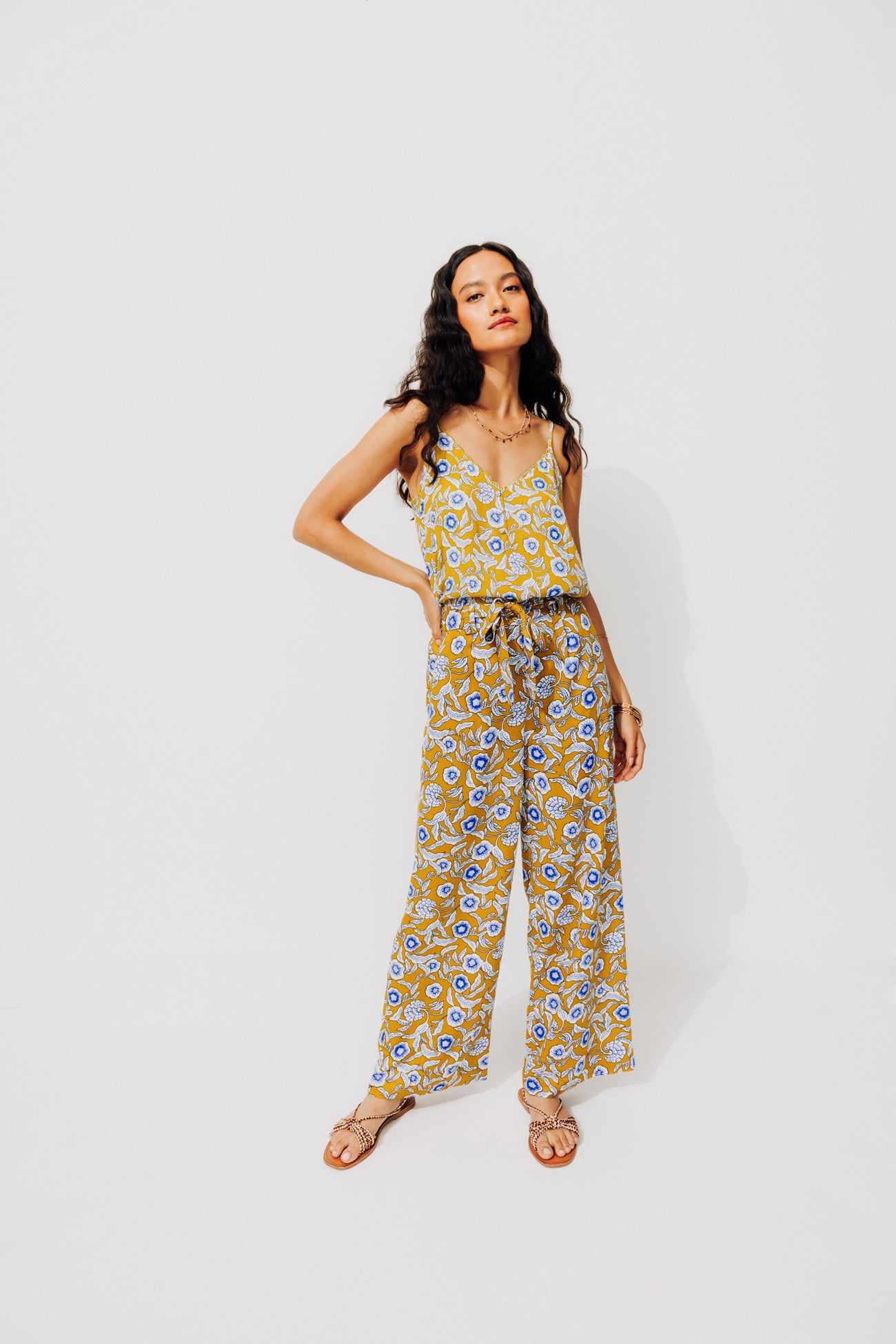 High-waist wideleg trousers - Ochre print