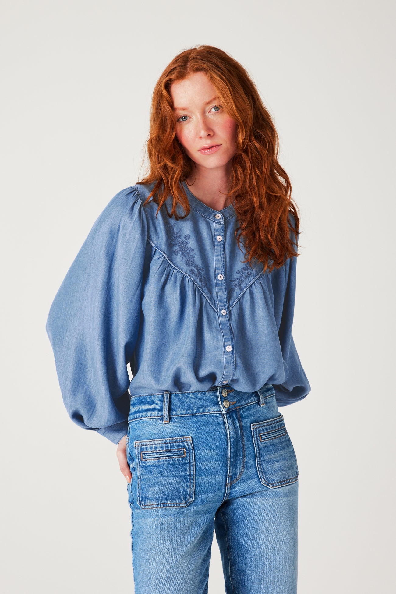 Lyocell embroidered shirt - Medium denim