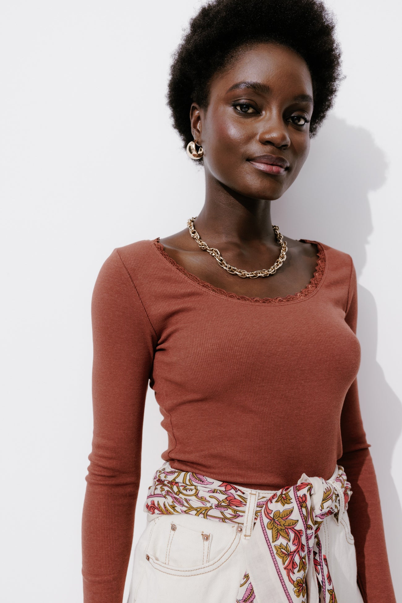 Lace detail ribbed top - Ecru