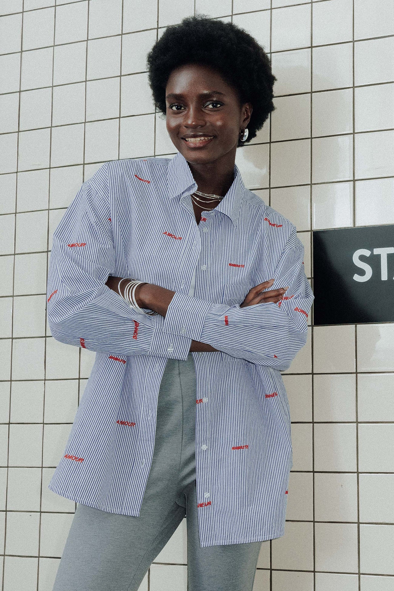 Embroidered striped shirt - Navy blue stripes