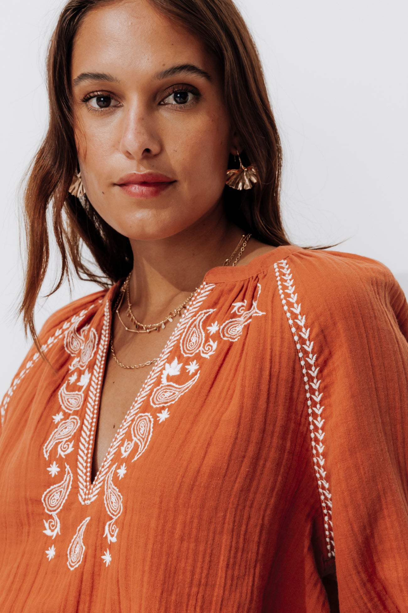 Embroidered gauze cotton shirt - Sienna