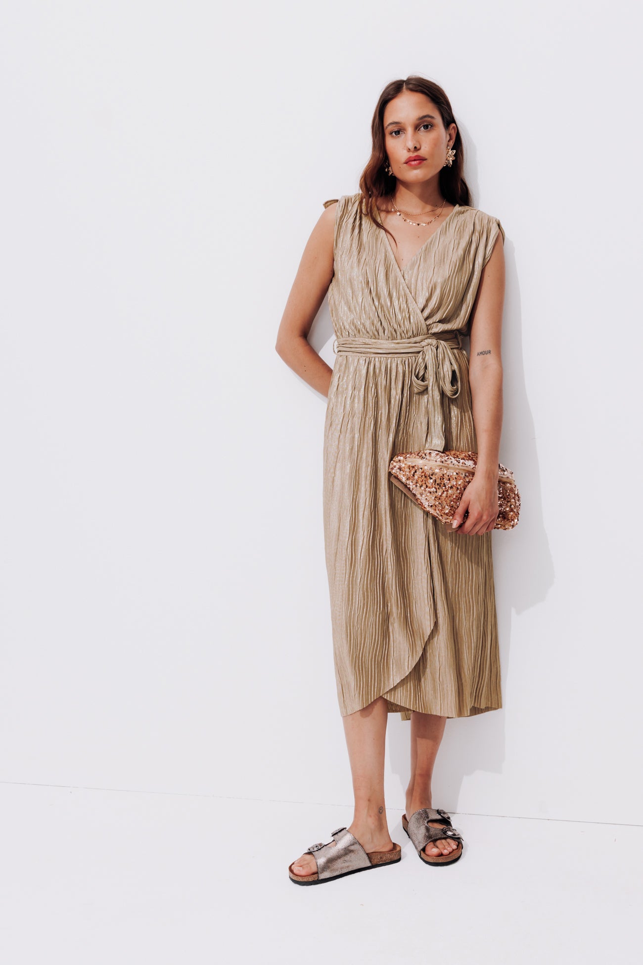 Lamé pleat dress - Beige