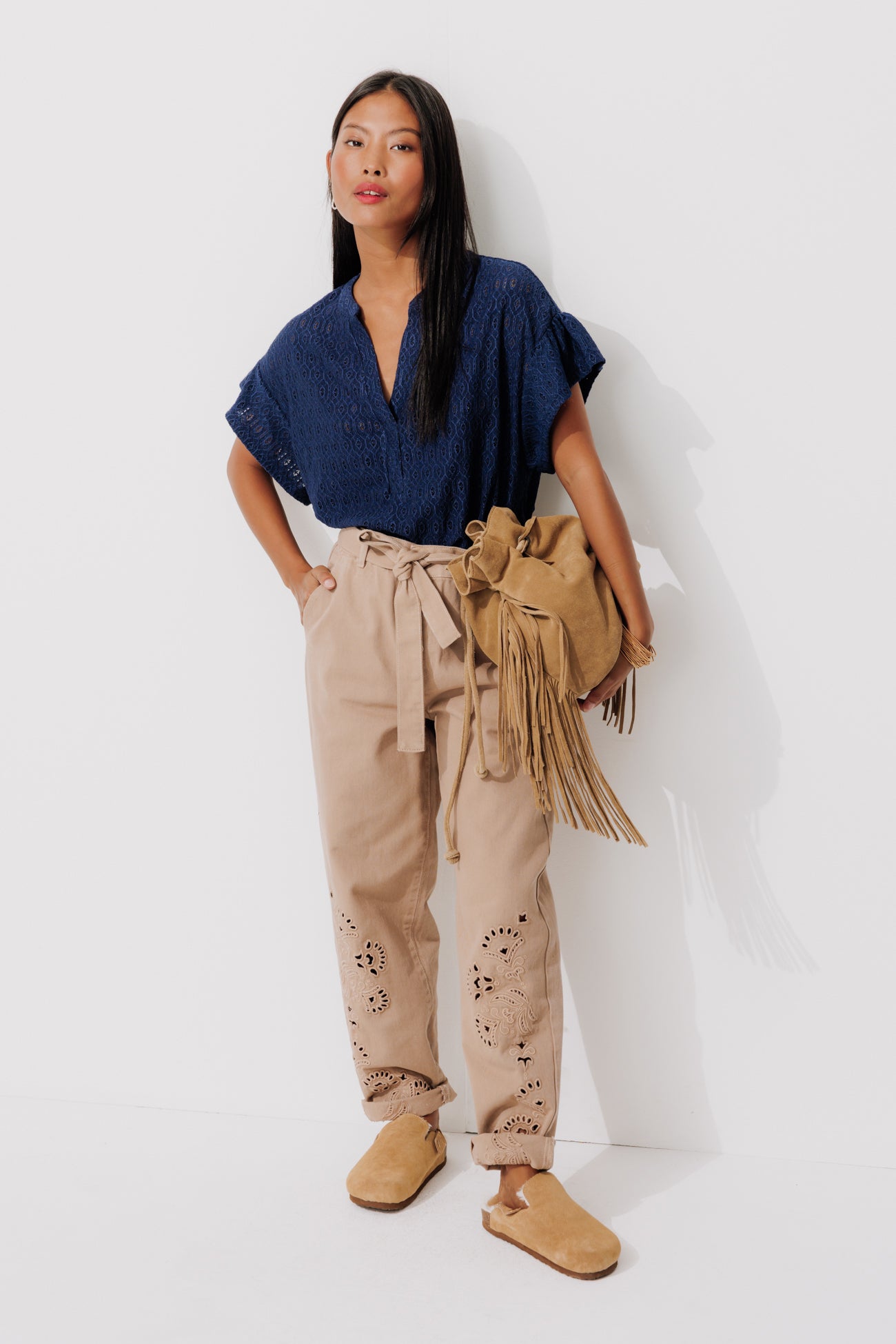 Lace effect openwork top - Red stripes