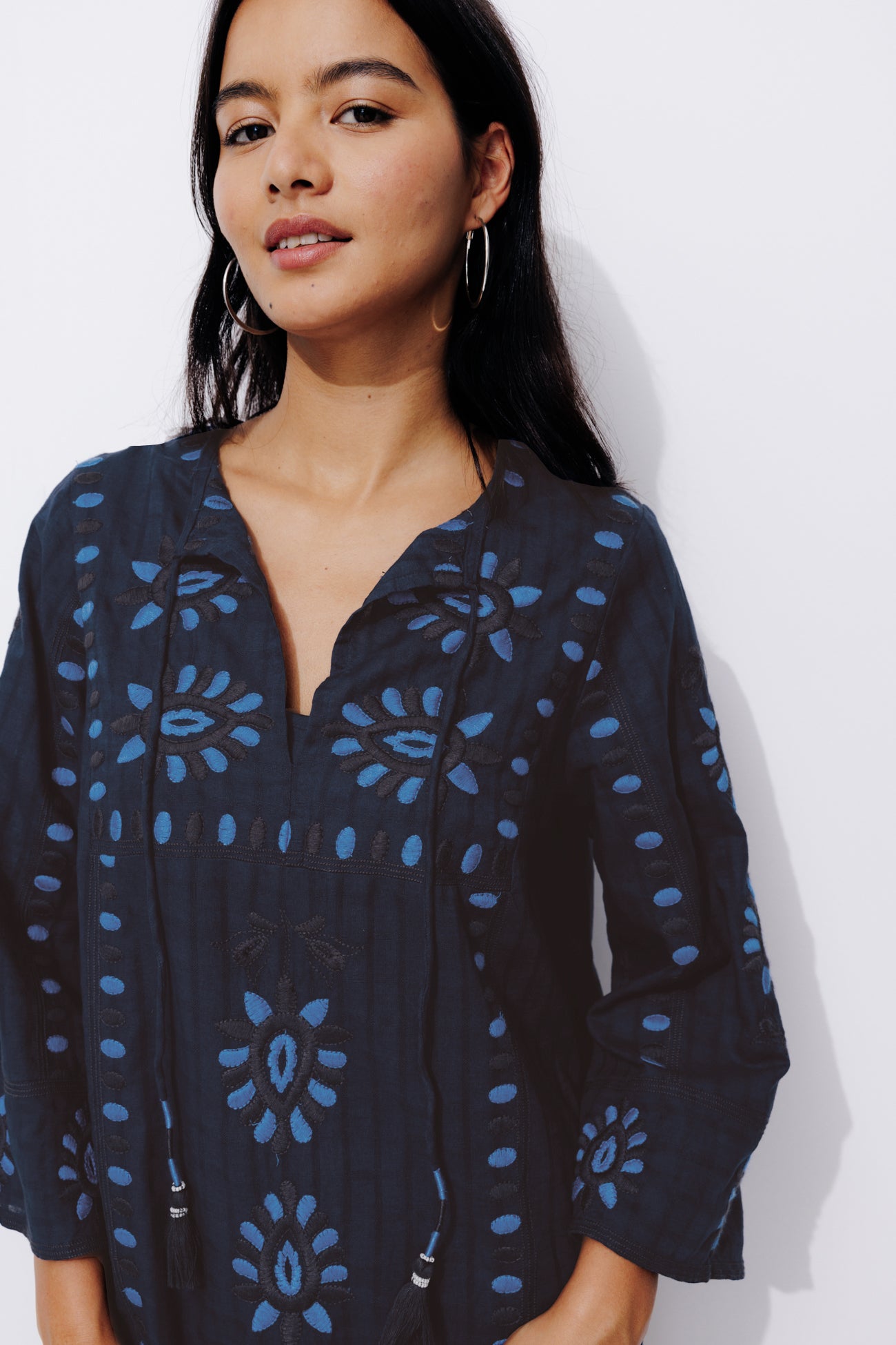Embroidered tunic dress - Navy blue