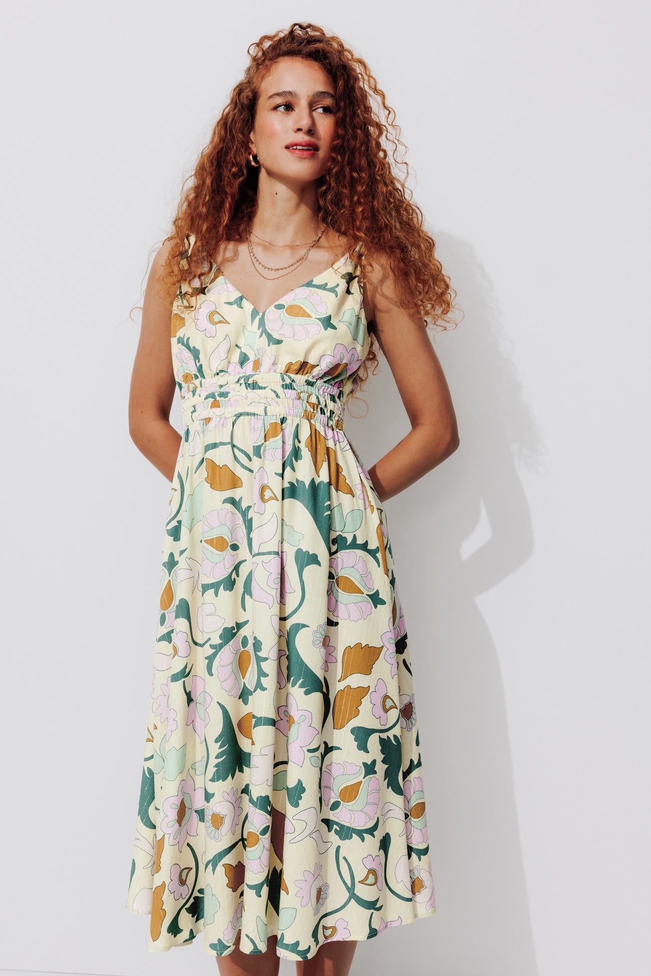 Patterned mid-length dress - Yellow print