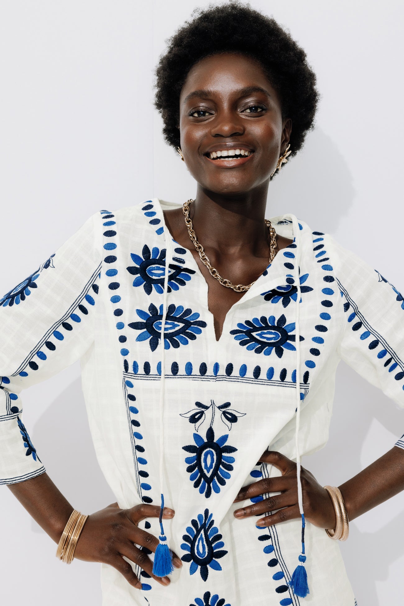 Embroidered tunic dress - Navy blue