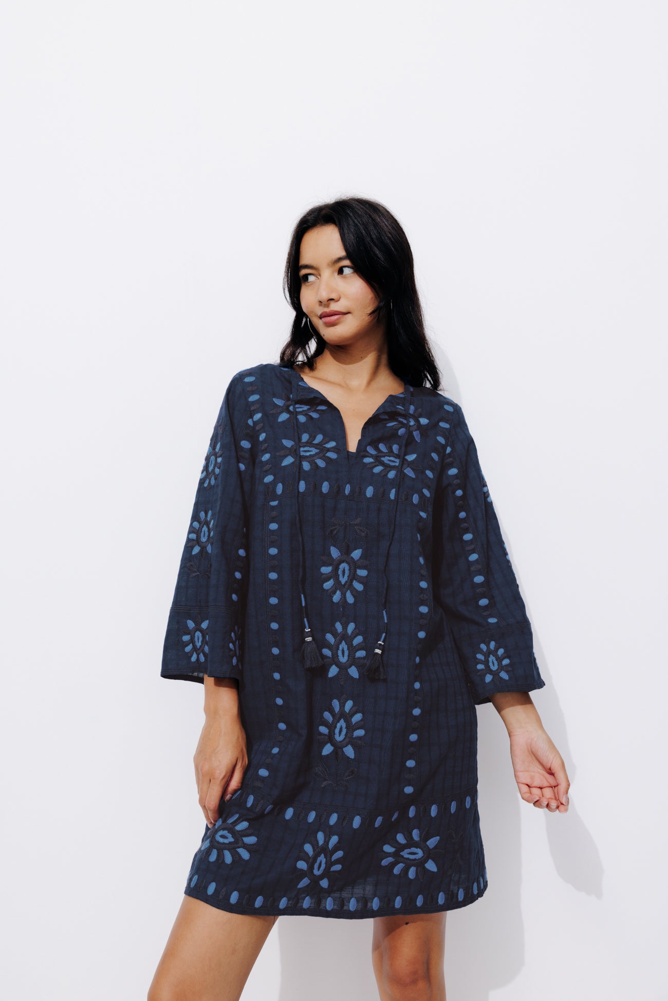Embroidered tunic dress - Navy blue