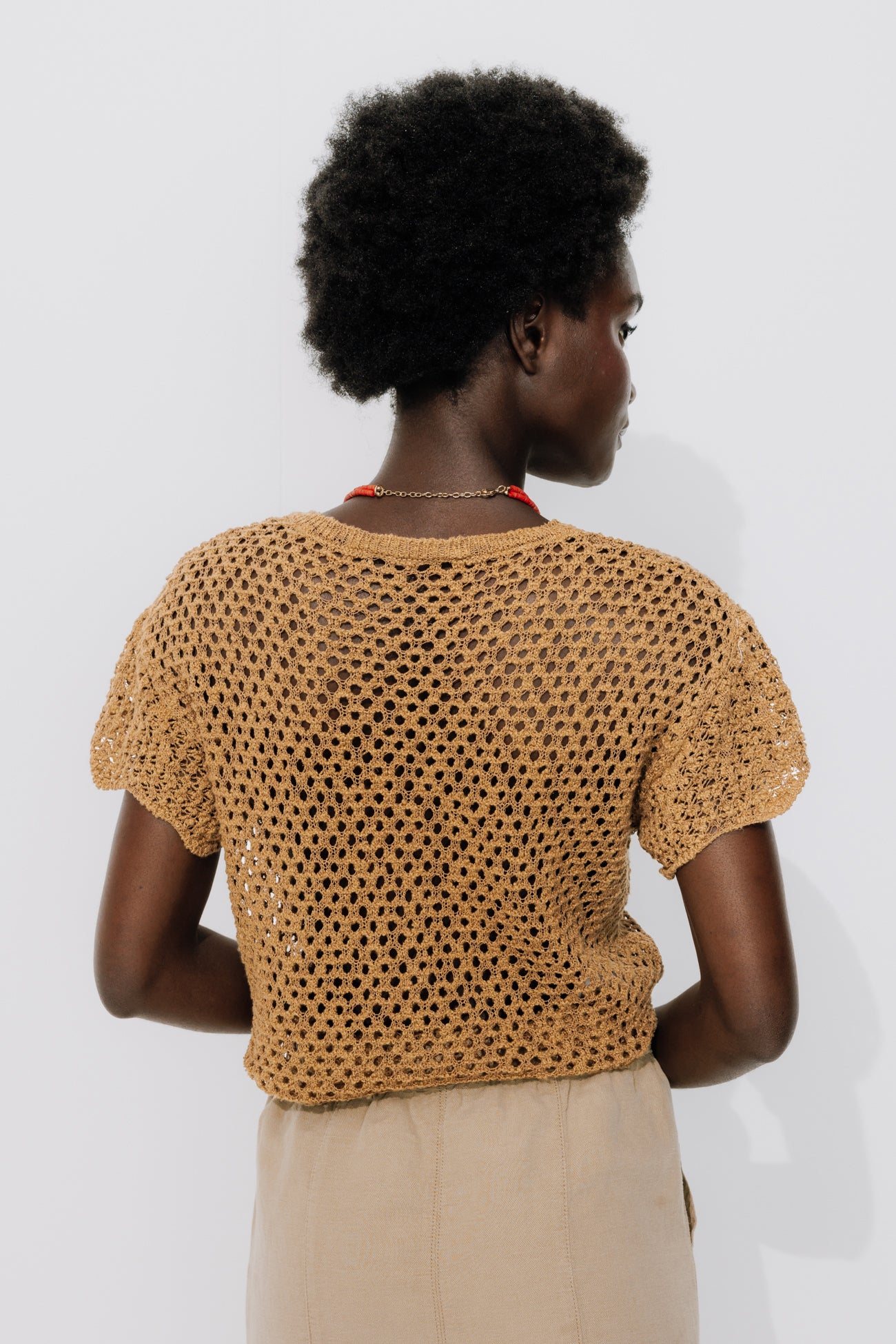 Openwork short-sleeved jumper - Ochre