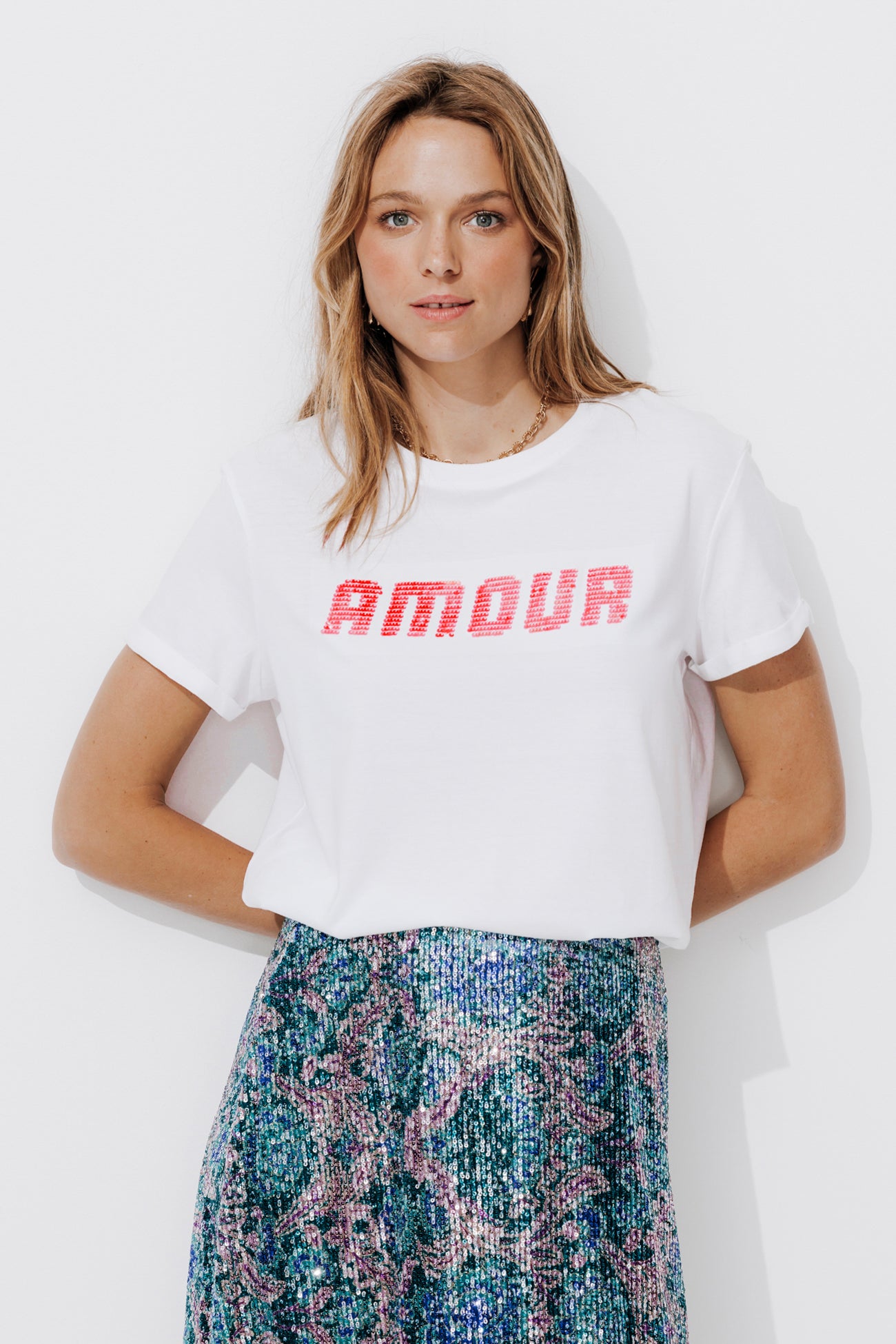 Sequinned slogan t-shirt - Ecru print