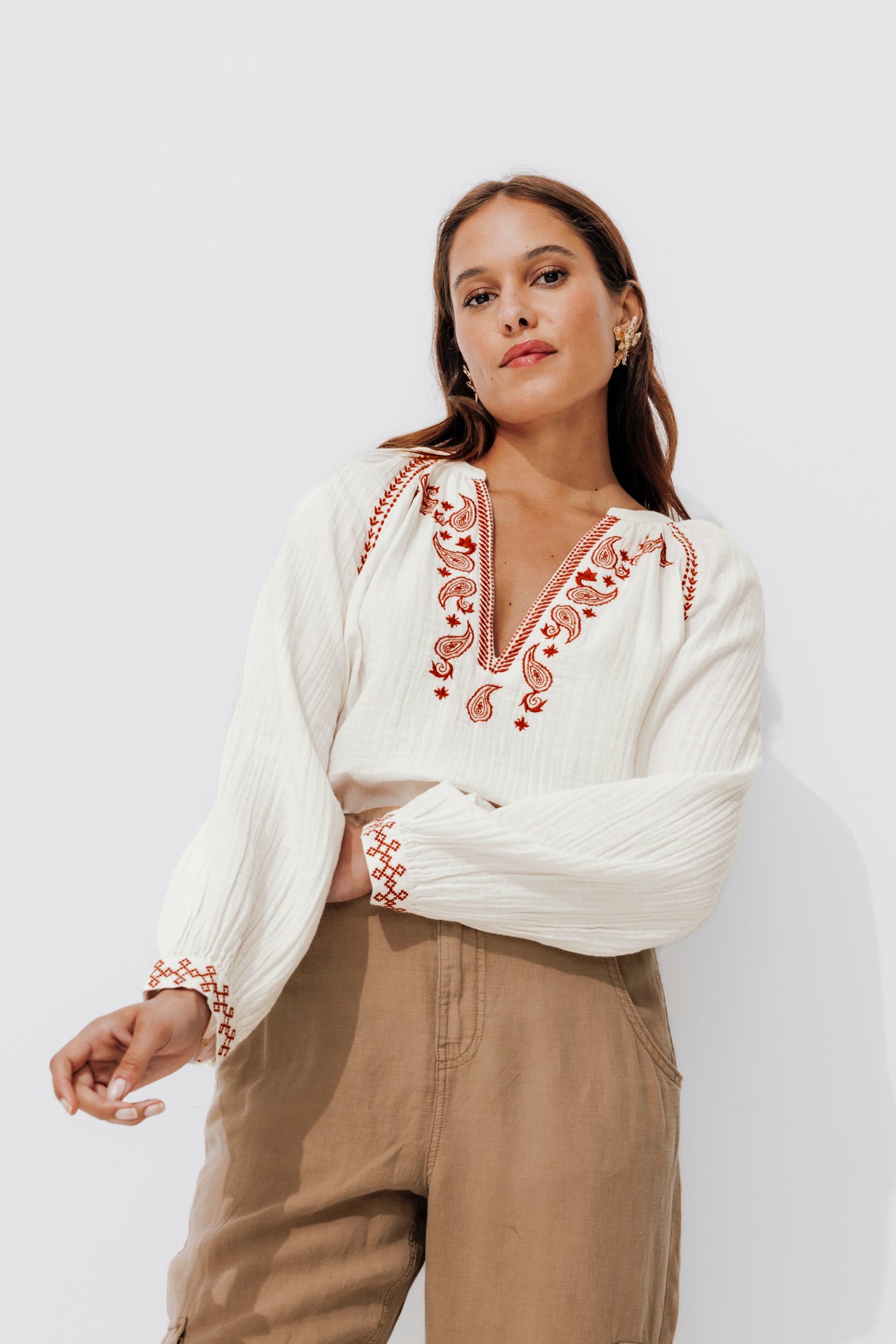 Embroidered gauze cotton shirt - Sienna