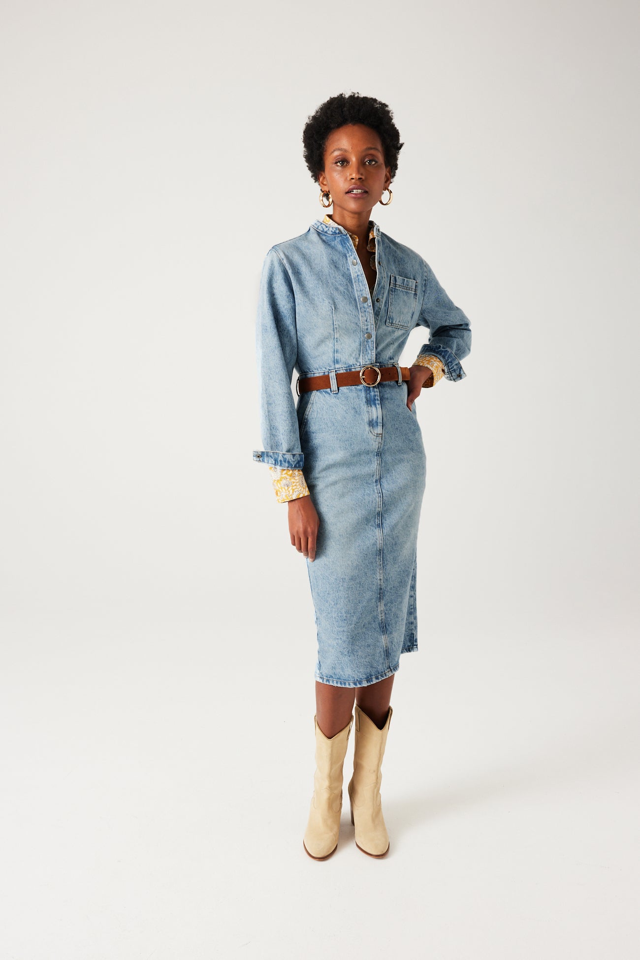 Mid-length denim dress - Ecru