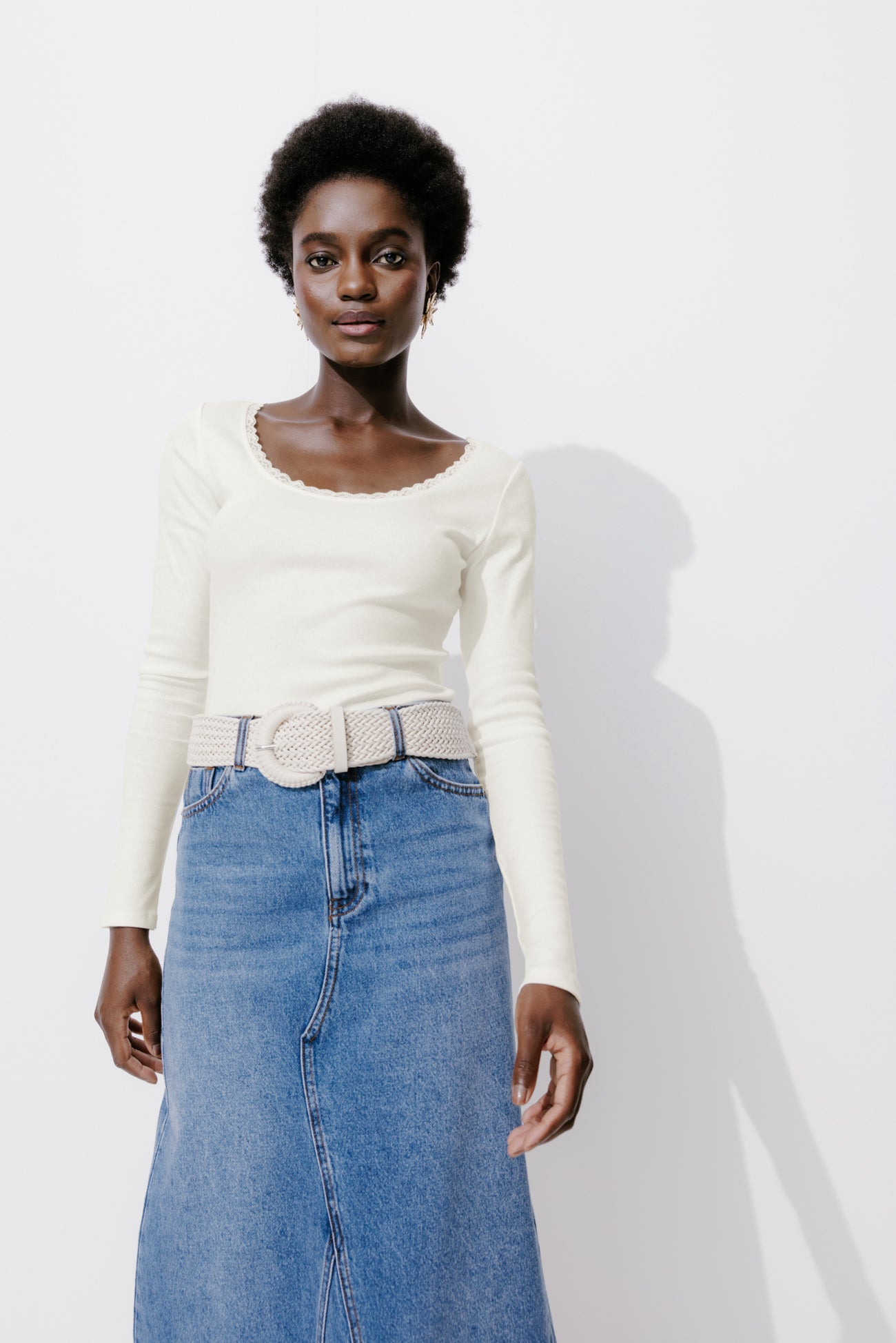 Lace detail ribbed top - Ecru