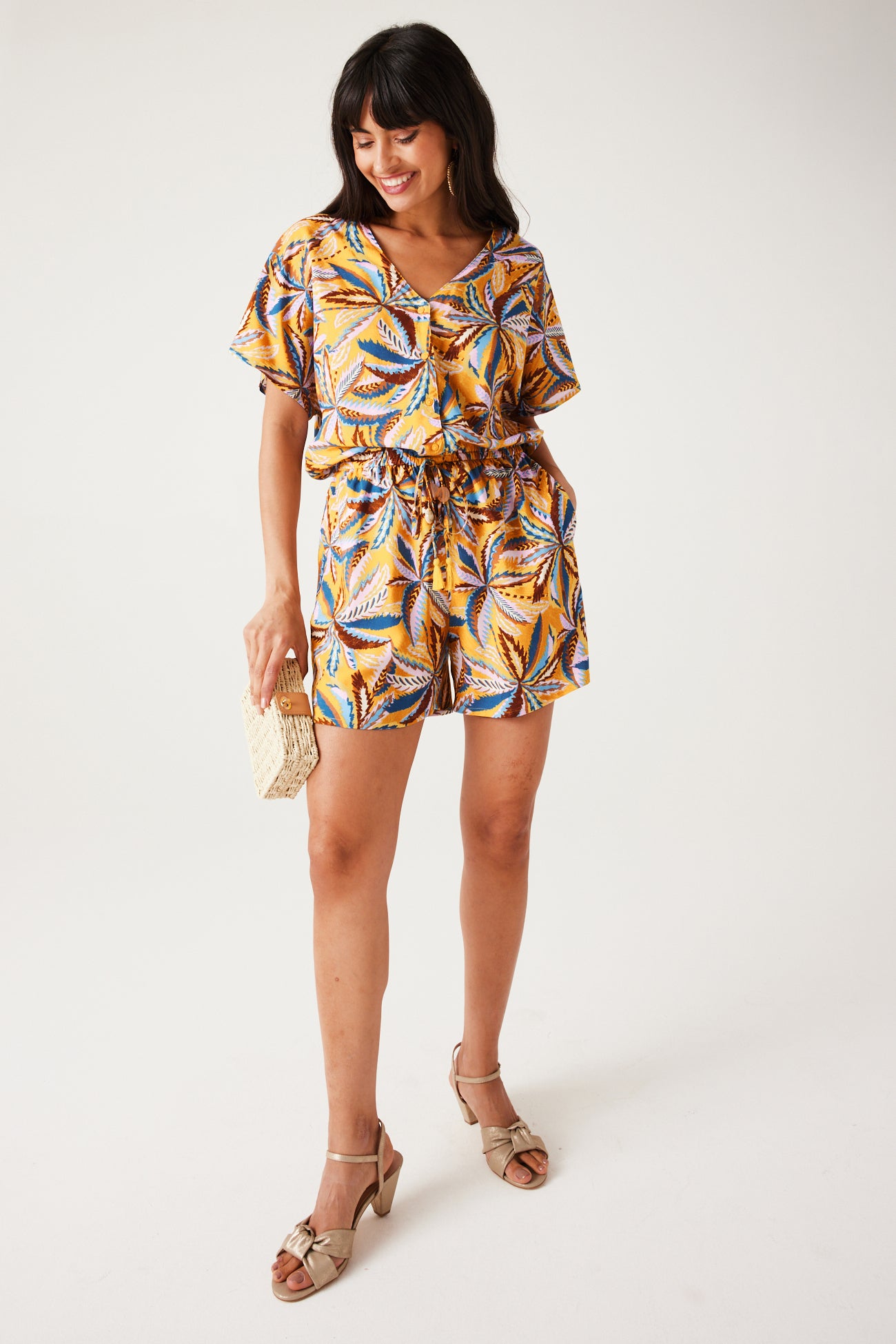 Patterned shorts playsuit - Ochre print