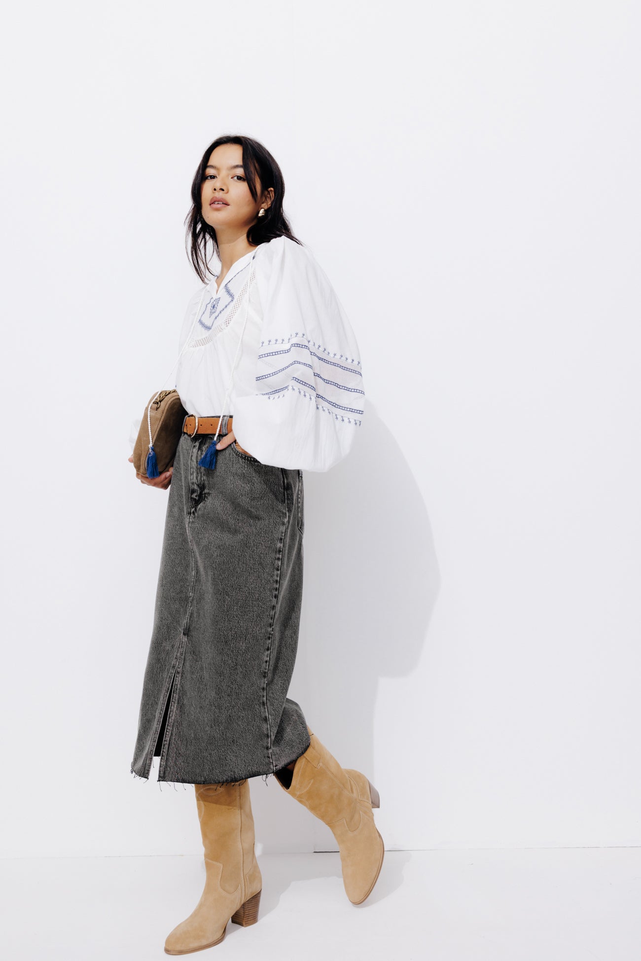 Denim midi skirt - Grey denim