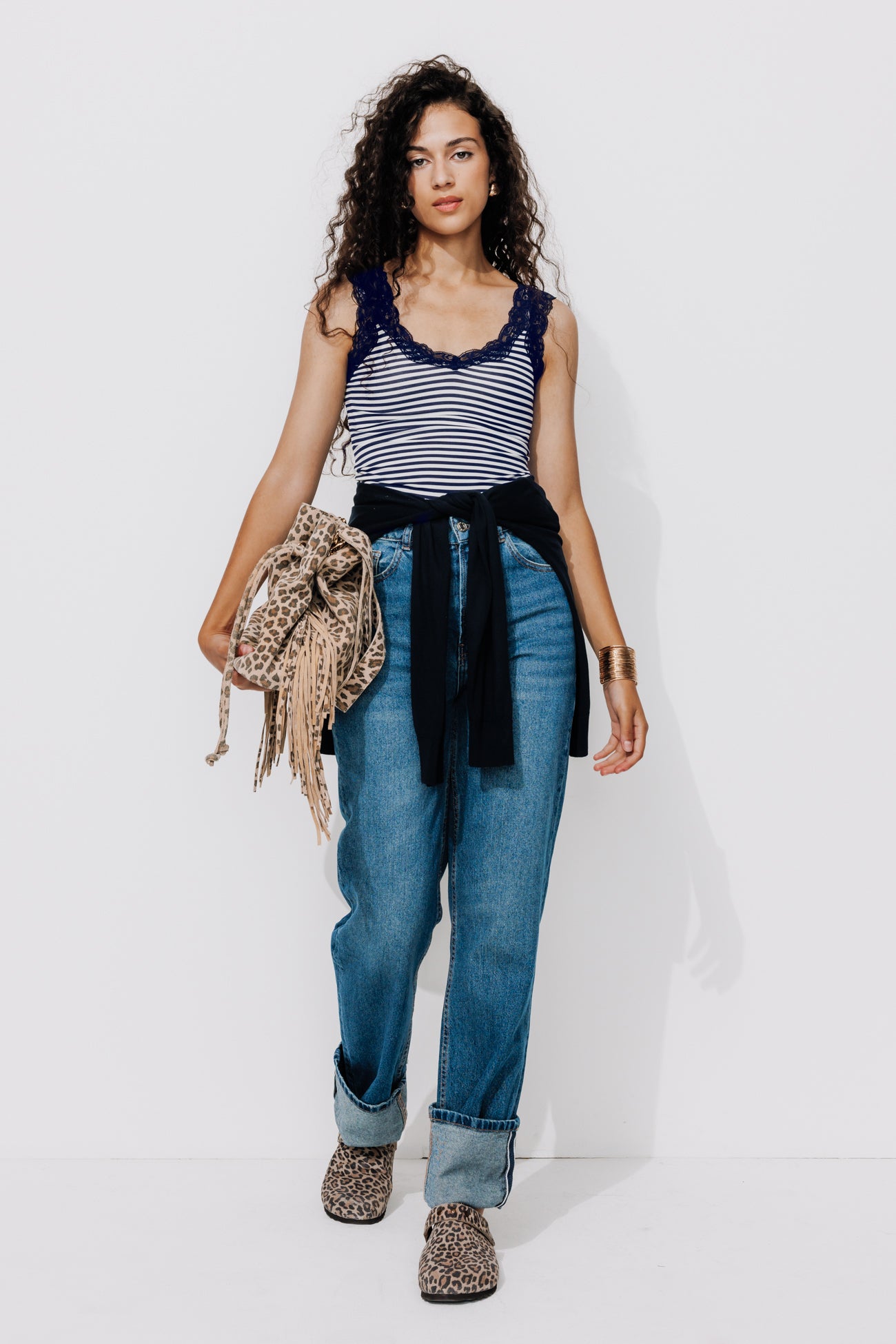 Strappy top with lace - Navy blue stripes