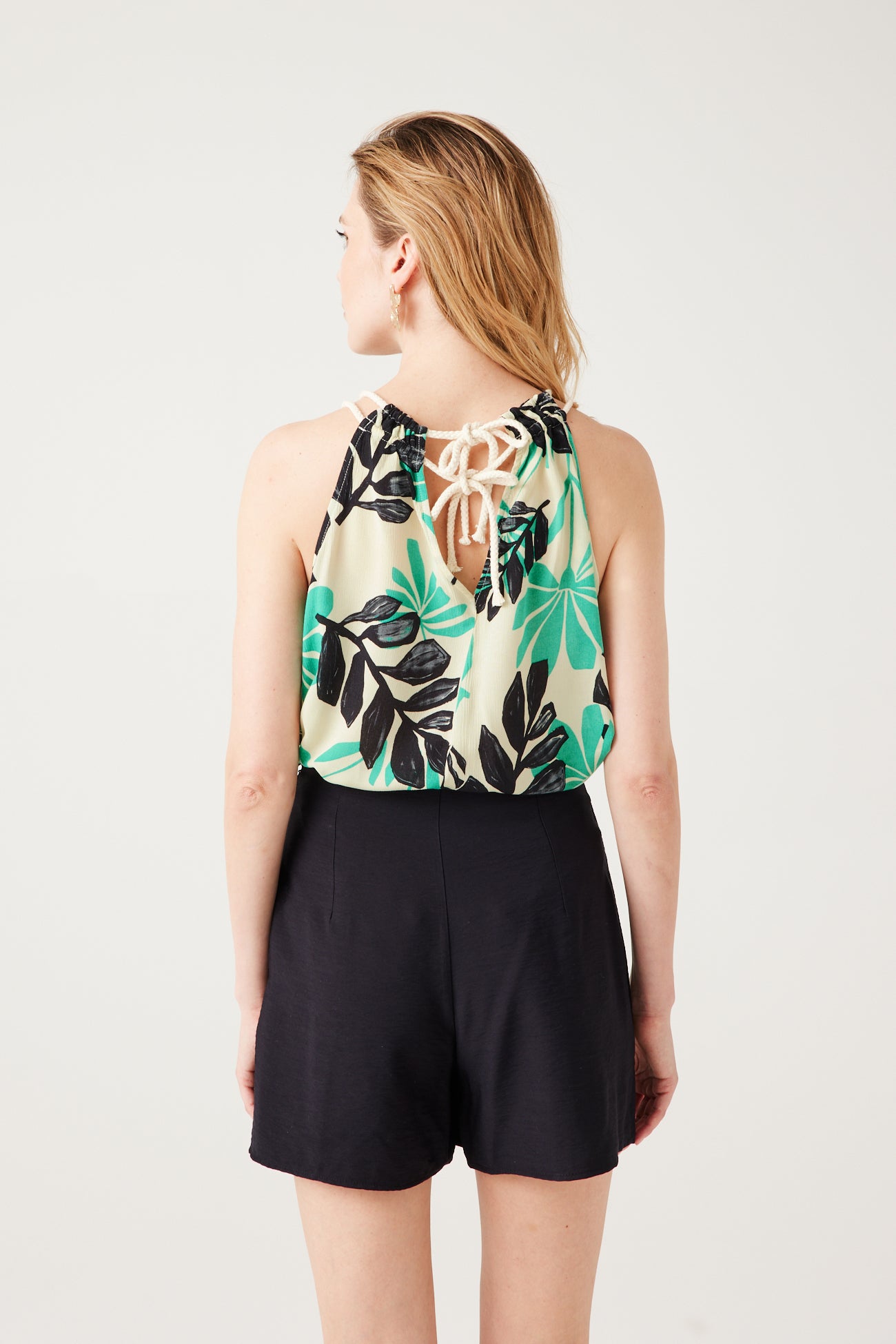 Flared cord-strap top - Ecru print