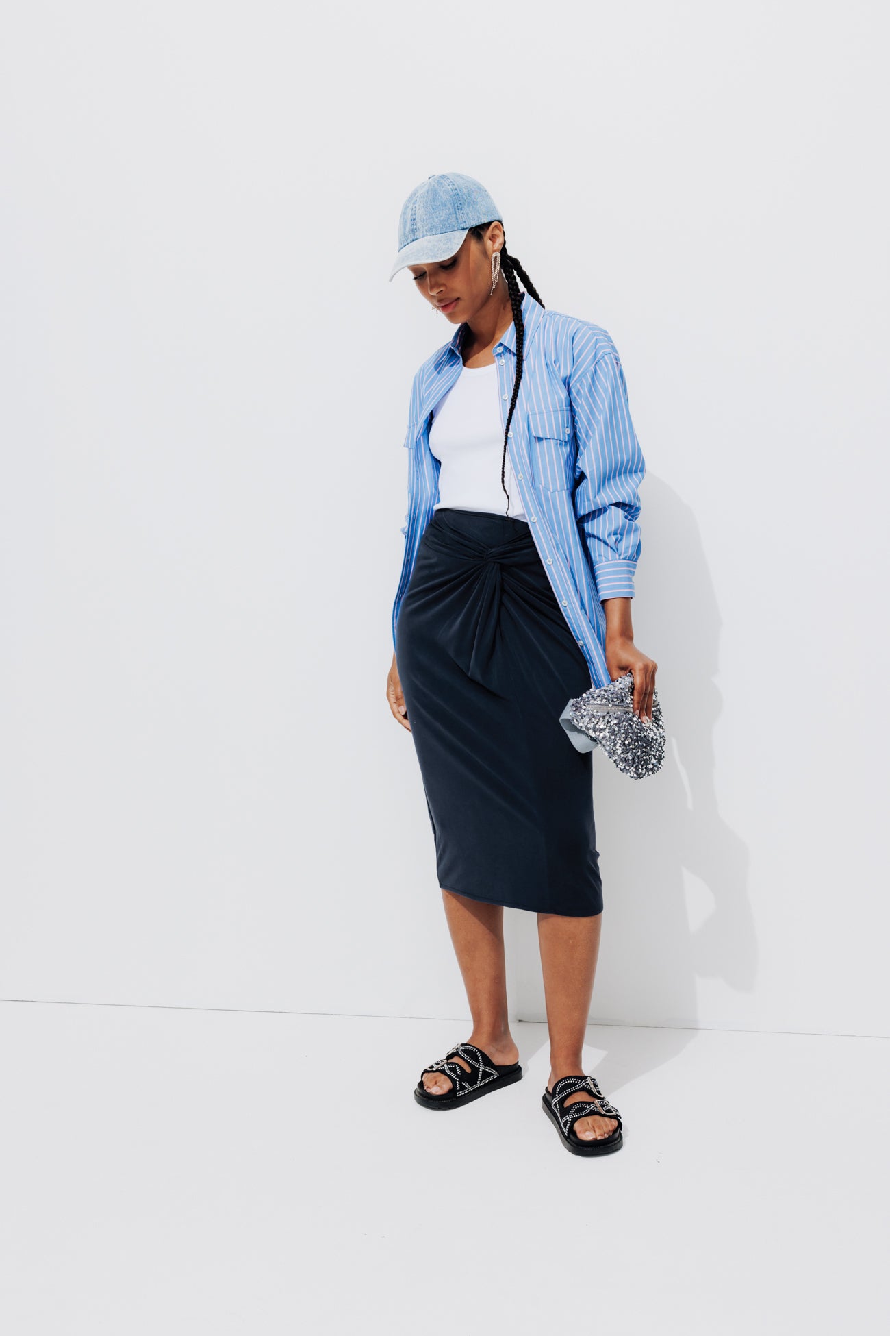 Jersey midi length skirt - Blue