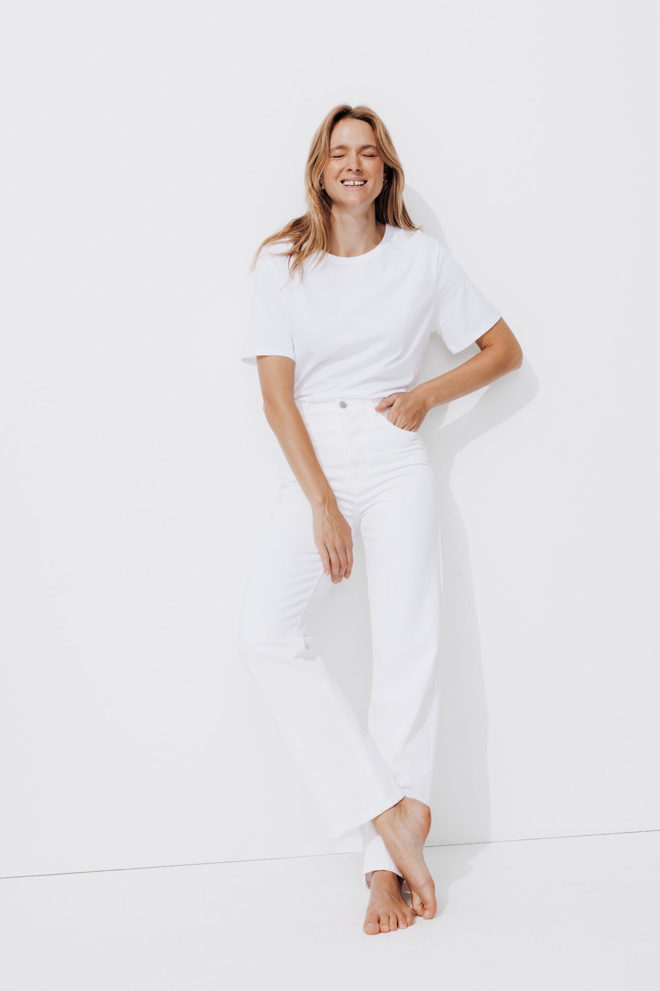 High-waist straight leg jeans - Ecru