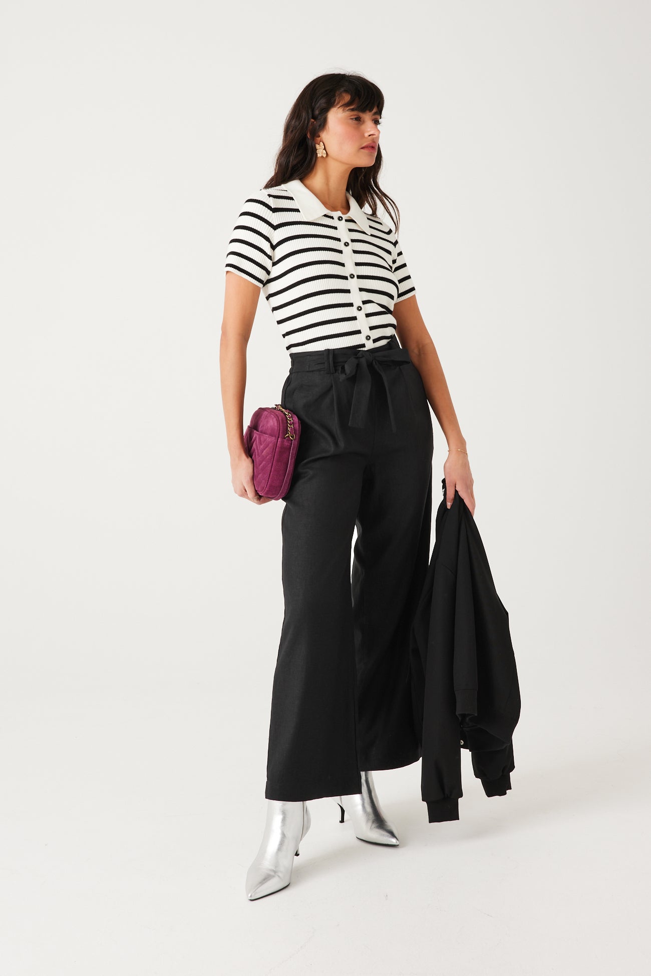 Wideleg linen blend trousers - Ecru