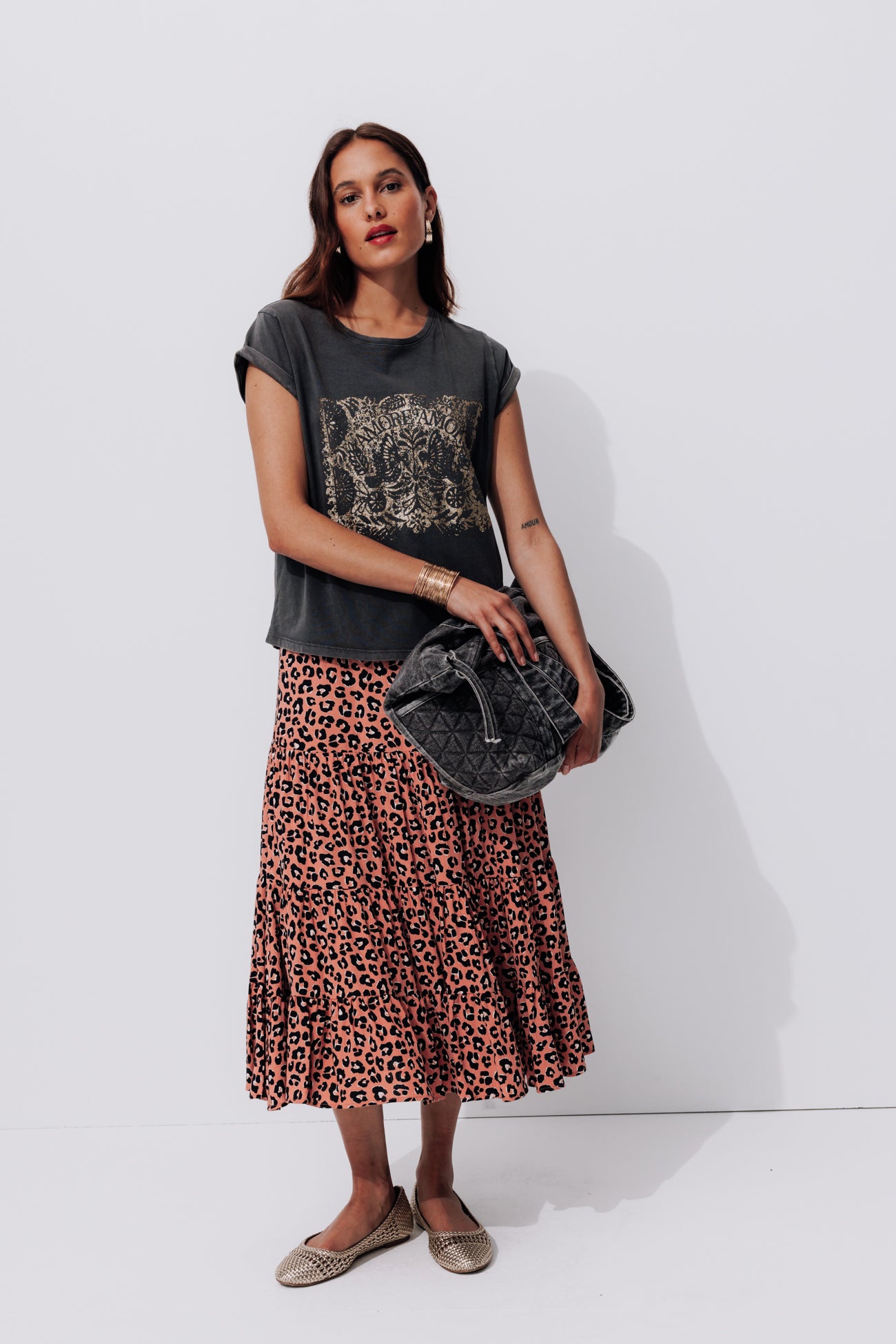 Patterned mid-length skirt - Multicolour print