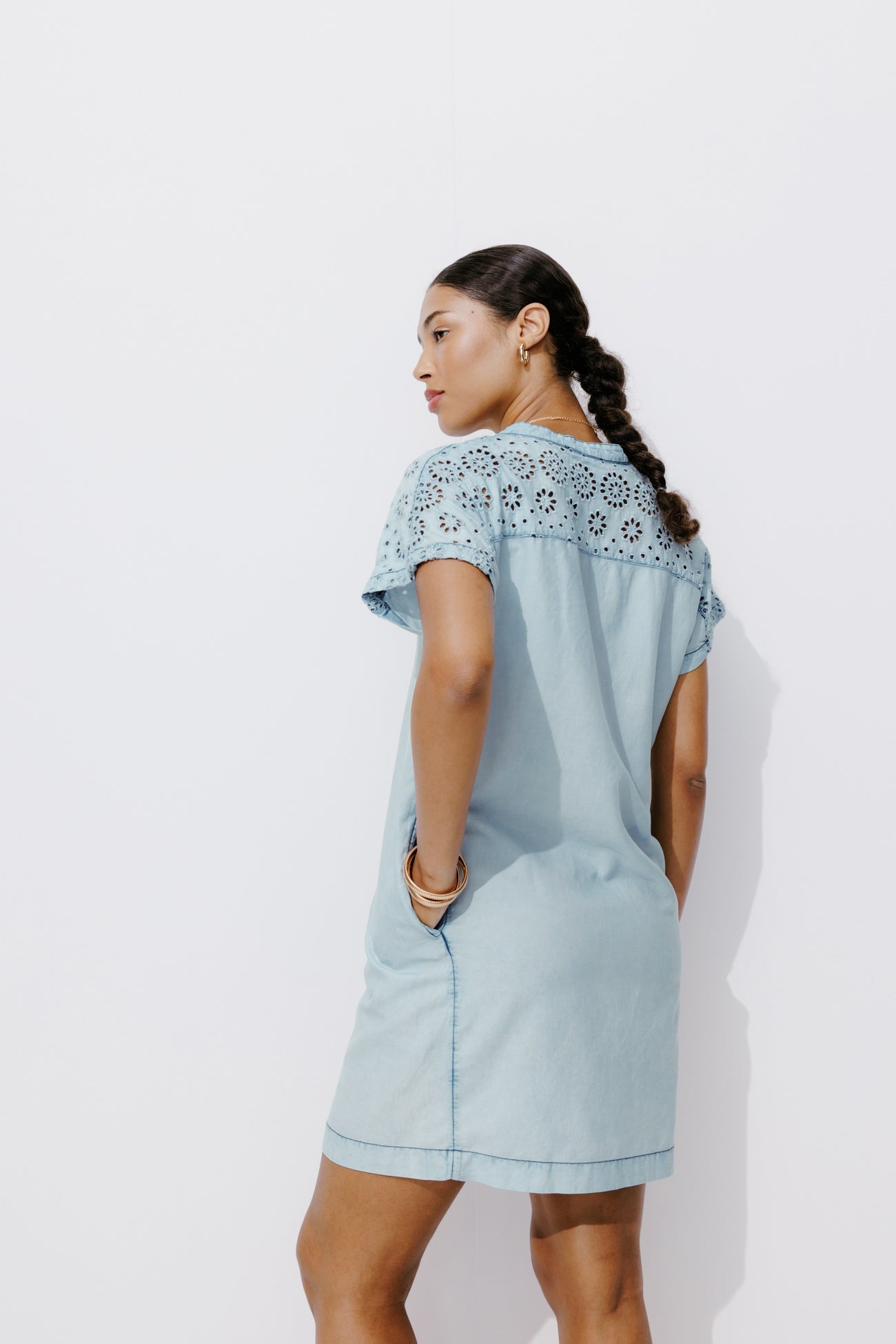 Short broderie anglaise dress - Light denim