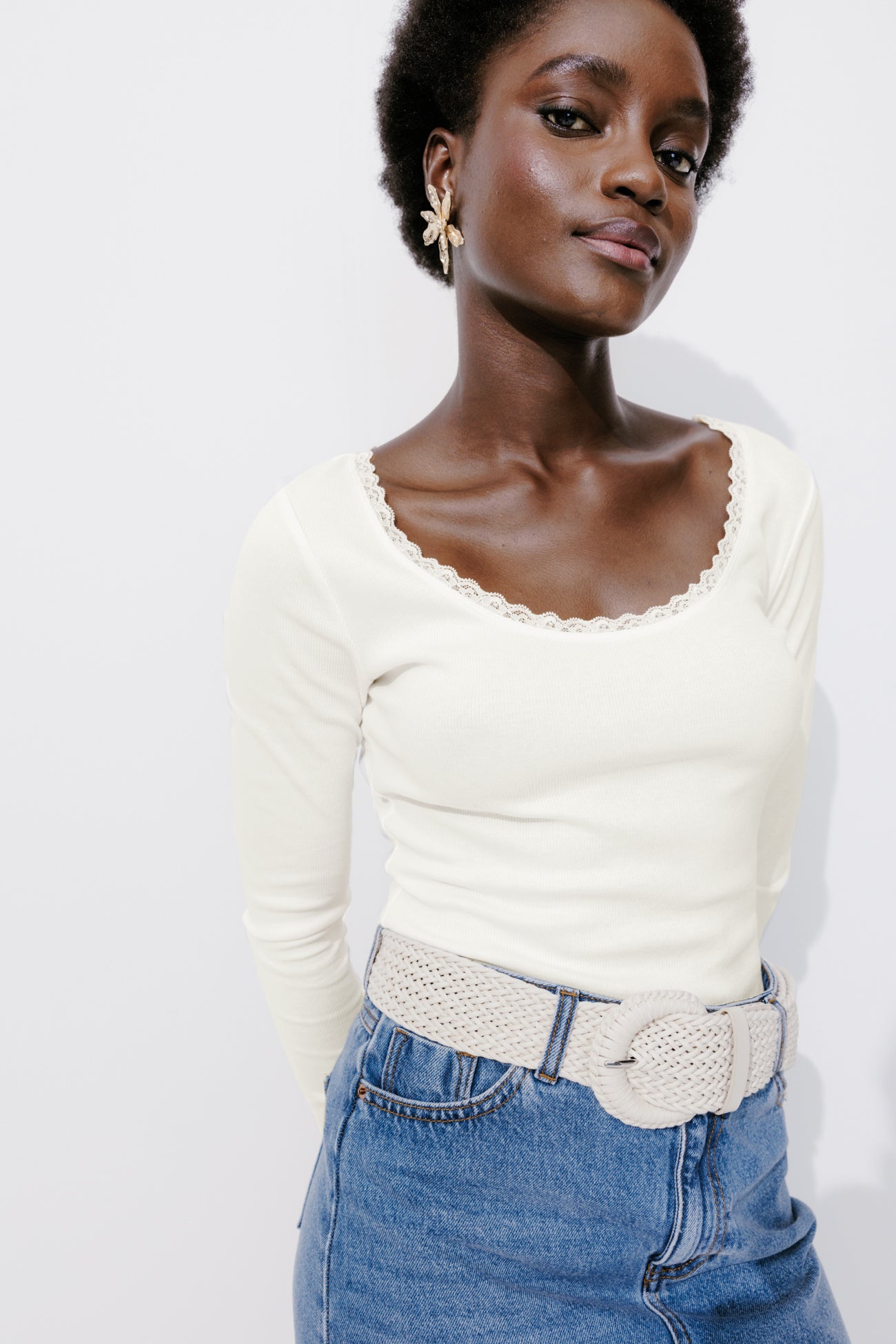 Lace detail ribbed top - Ecru