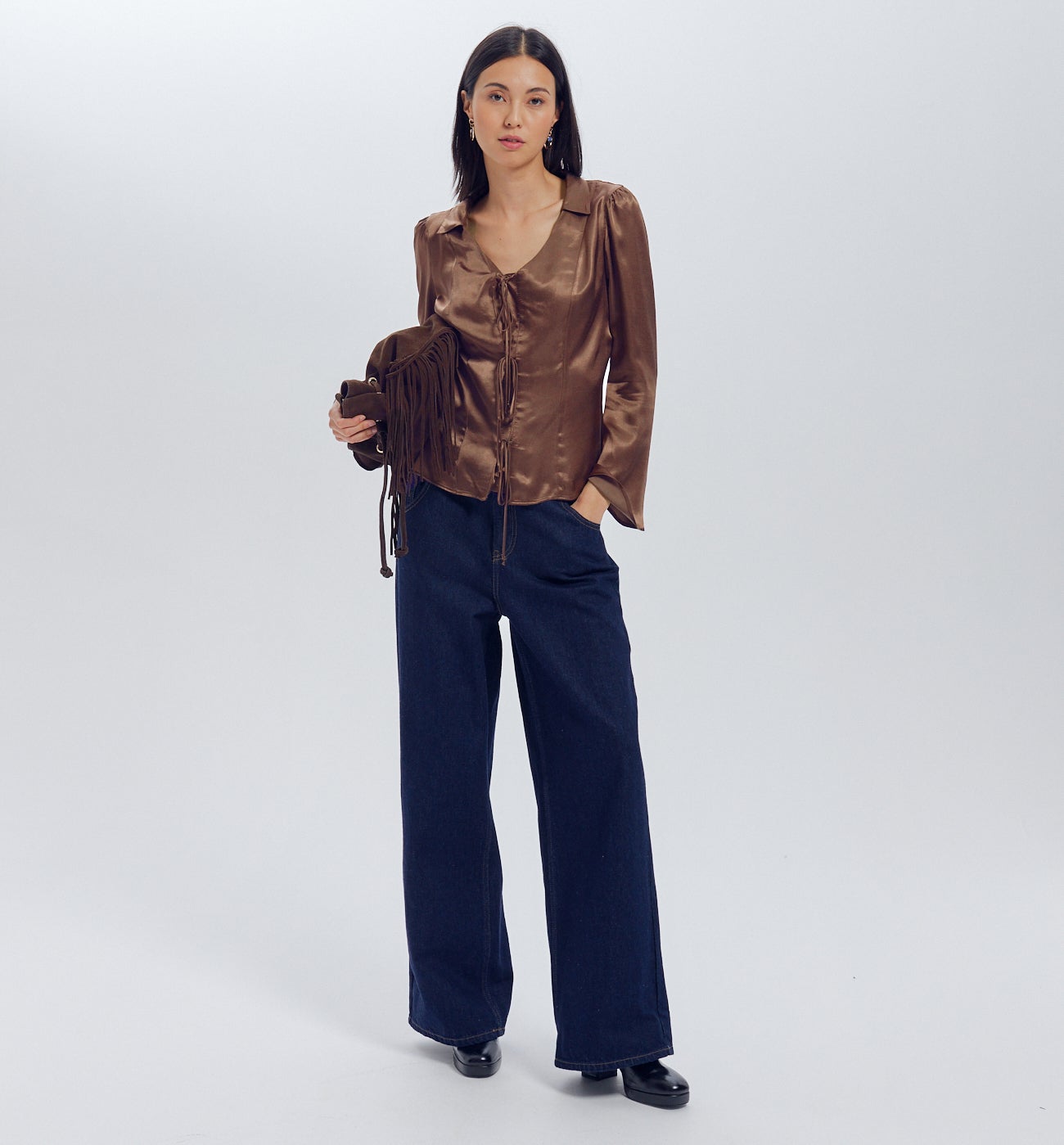 Plain satin blouse - Soft chestnut