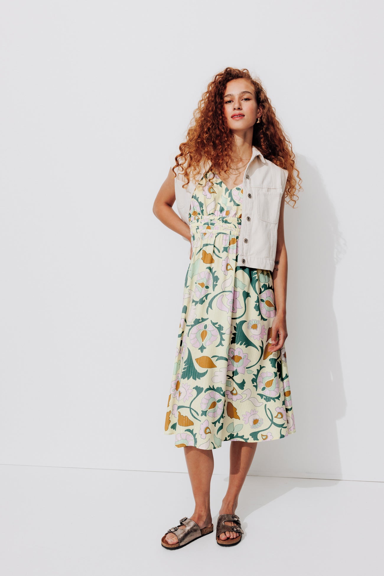 Patterned mid-length dress - Yellow print