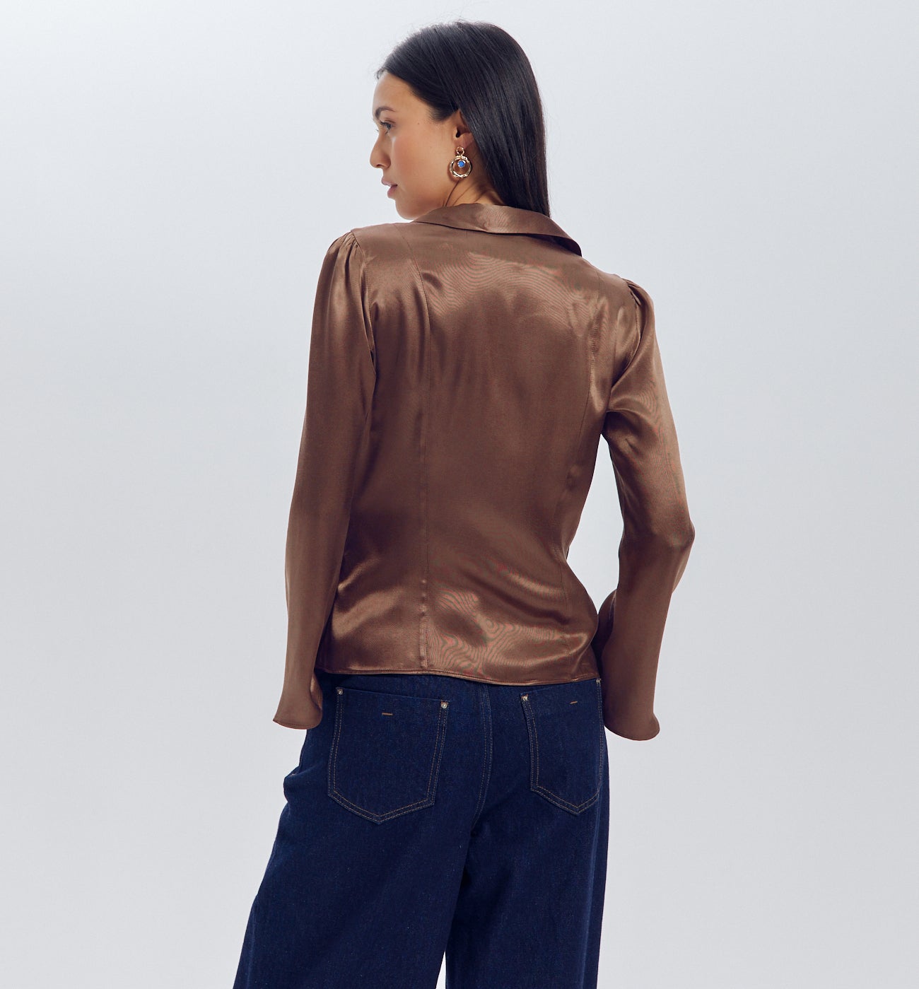 Plain satin blouse - Soft chestnut
