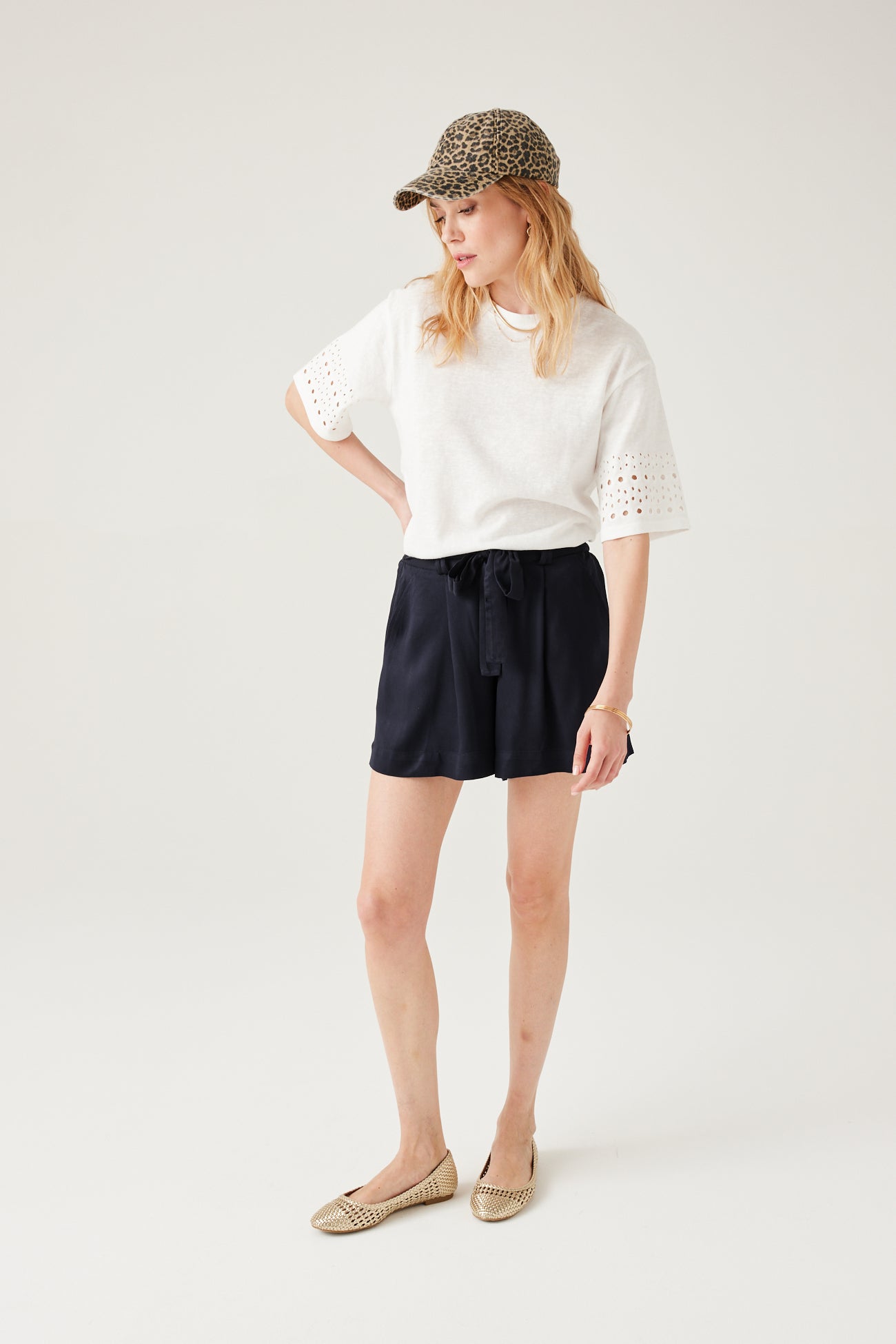 Plain belted shorts - Navy blue