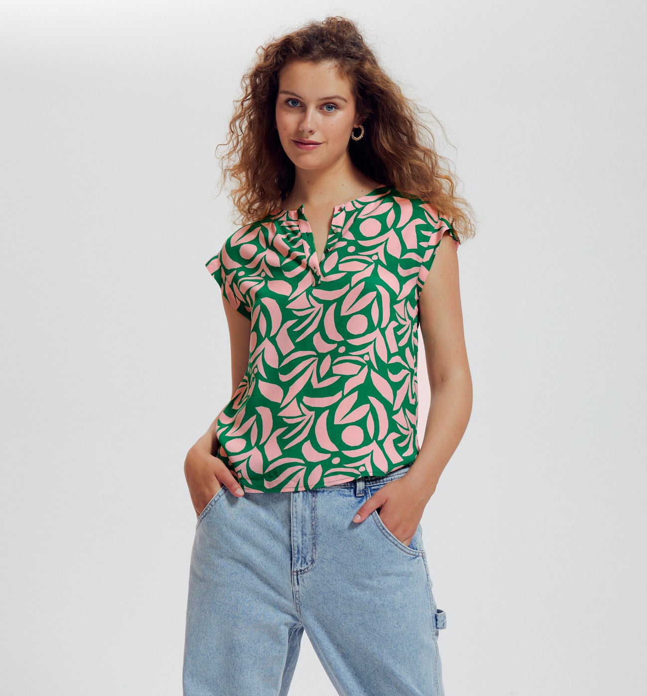 Short-sleeved blouse - Green print