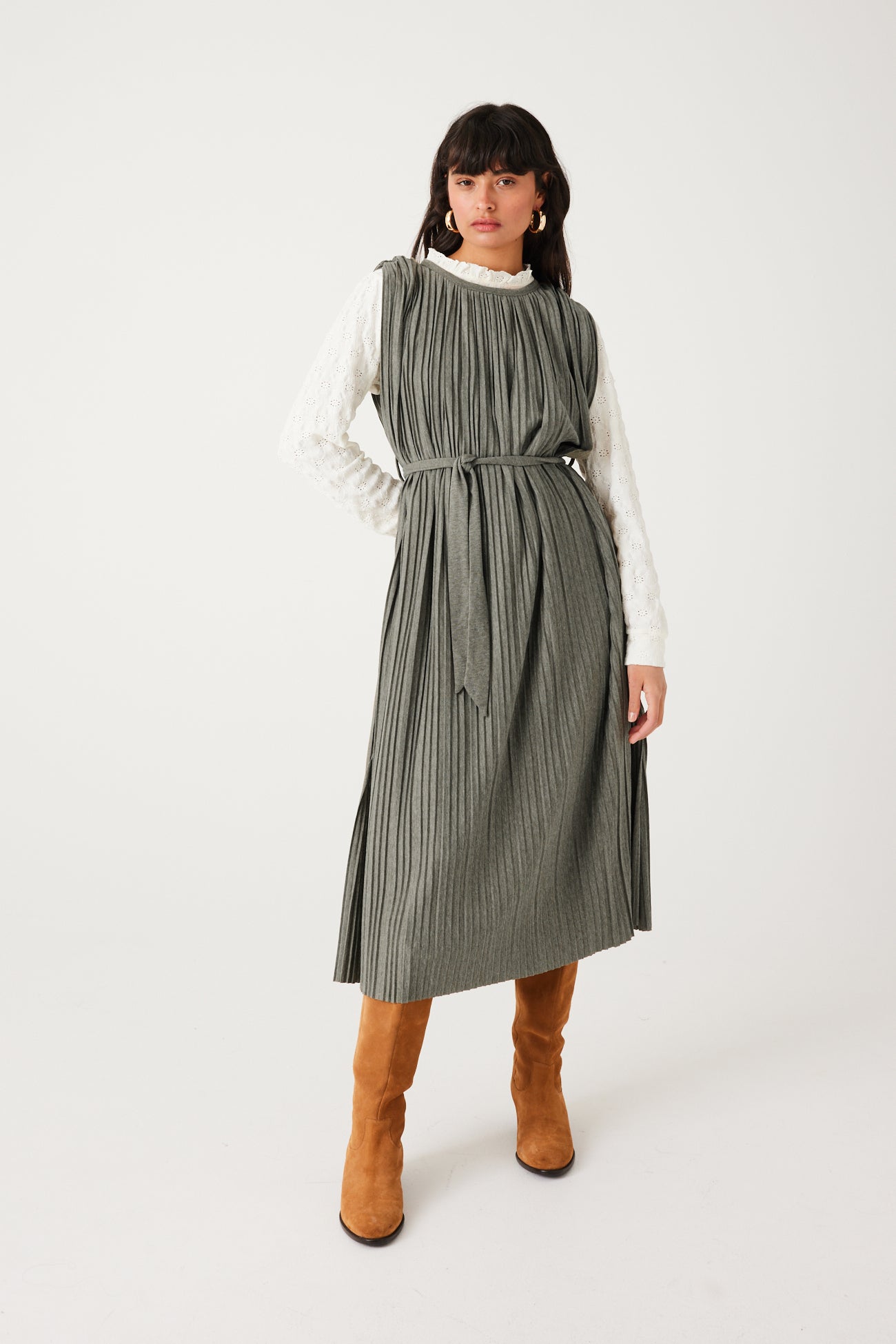 Mid-length pleat dress - Khaki