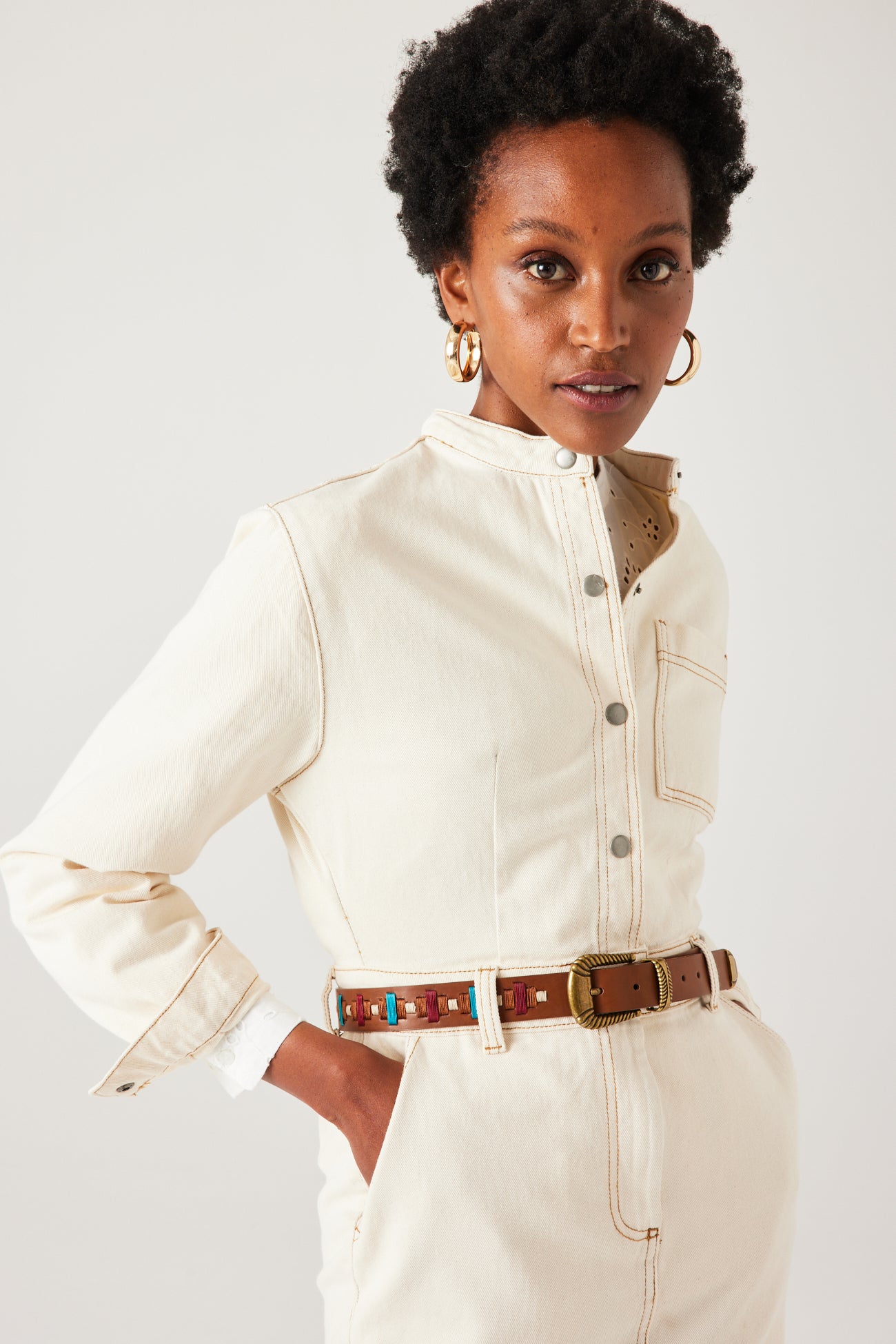 Mid-length denim dress - Ecru