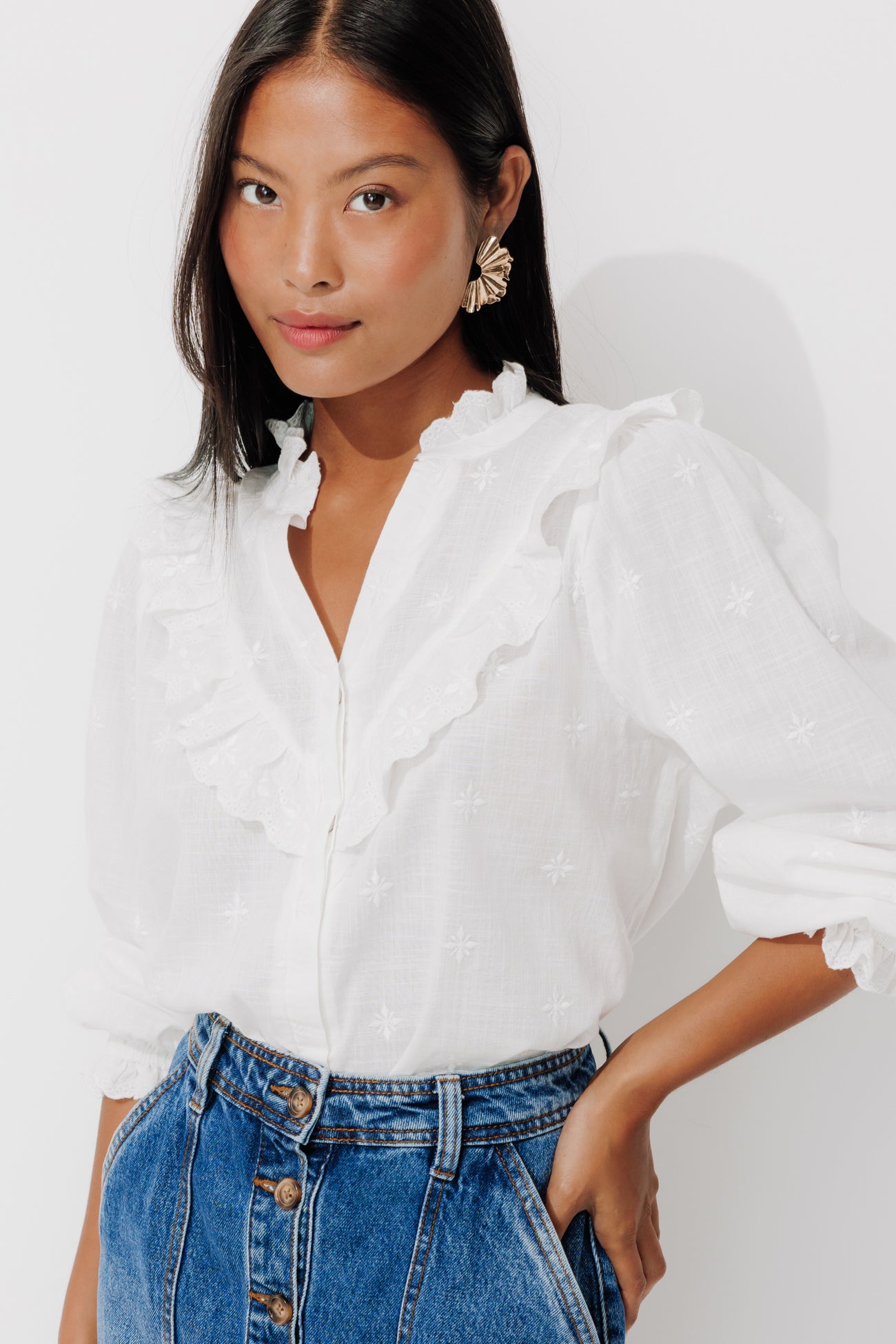 Embroidered cotton shirt - Ecru