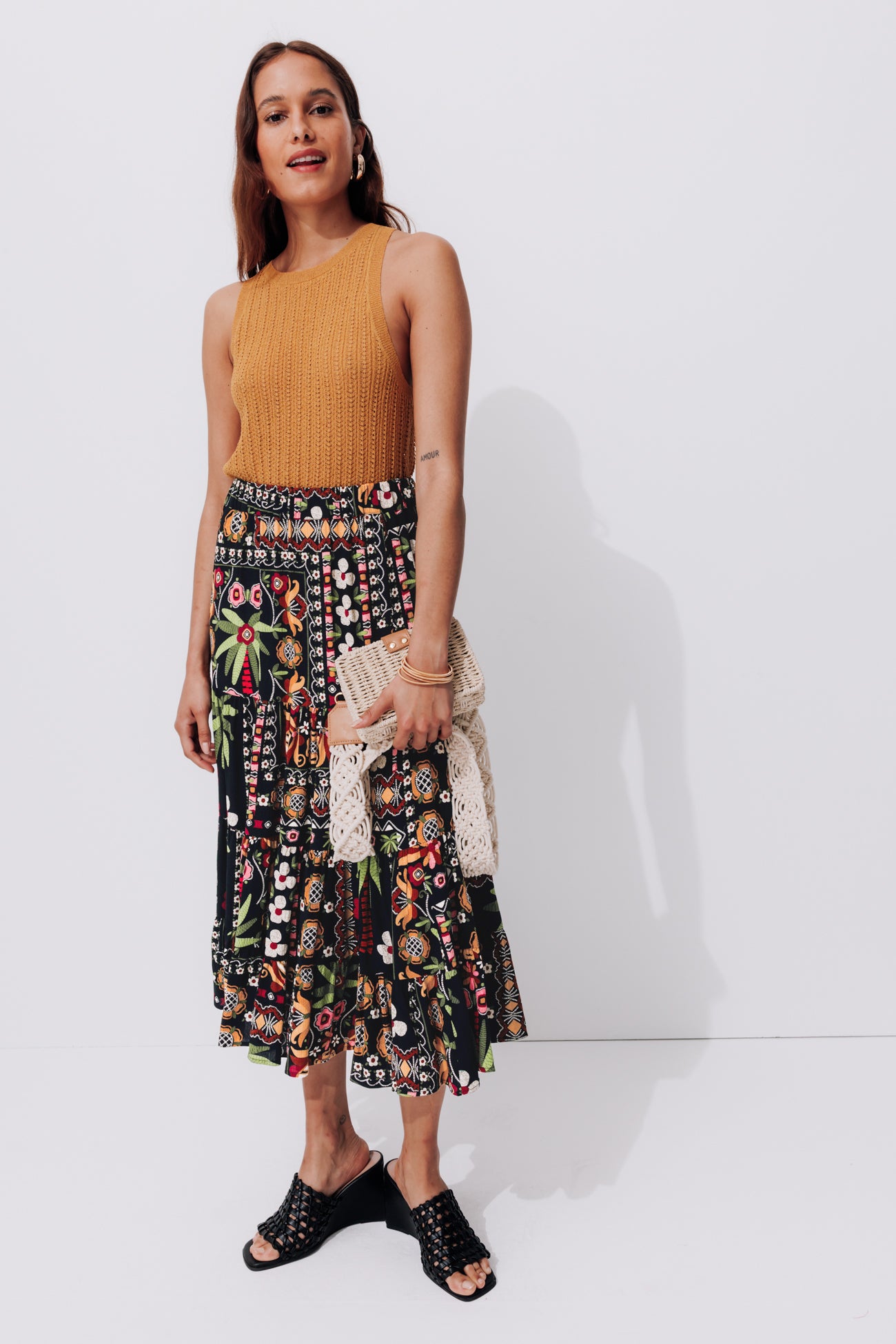 Patterned mid-length skirt - Multicolour print