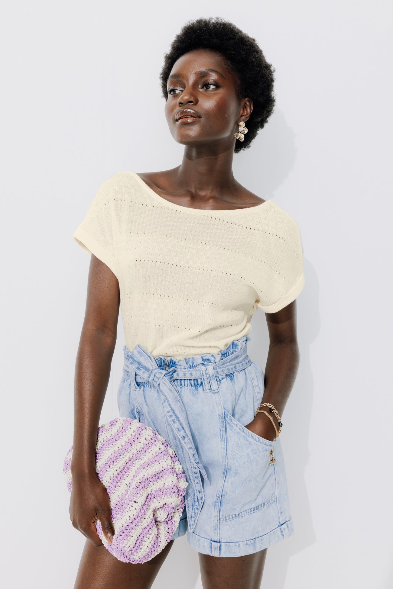 Recto-verso pointelle top - Beige