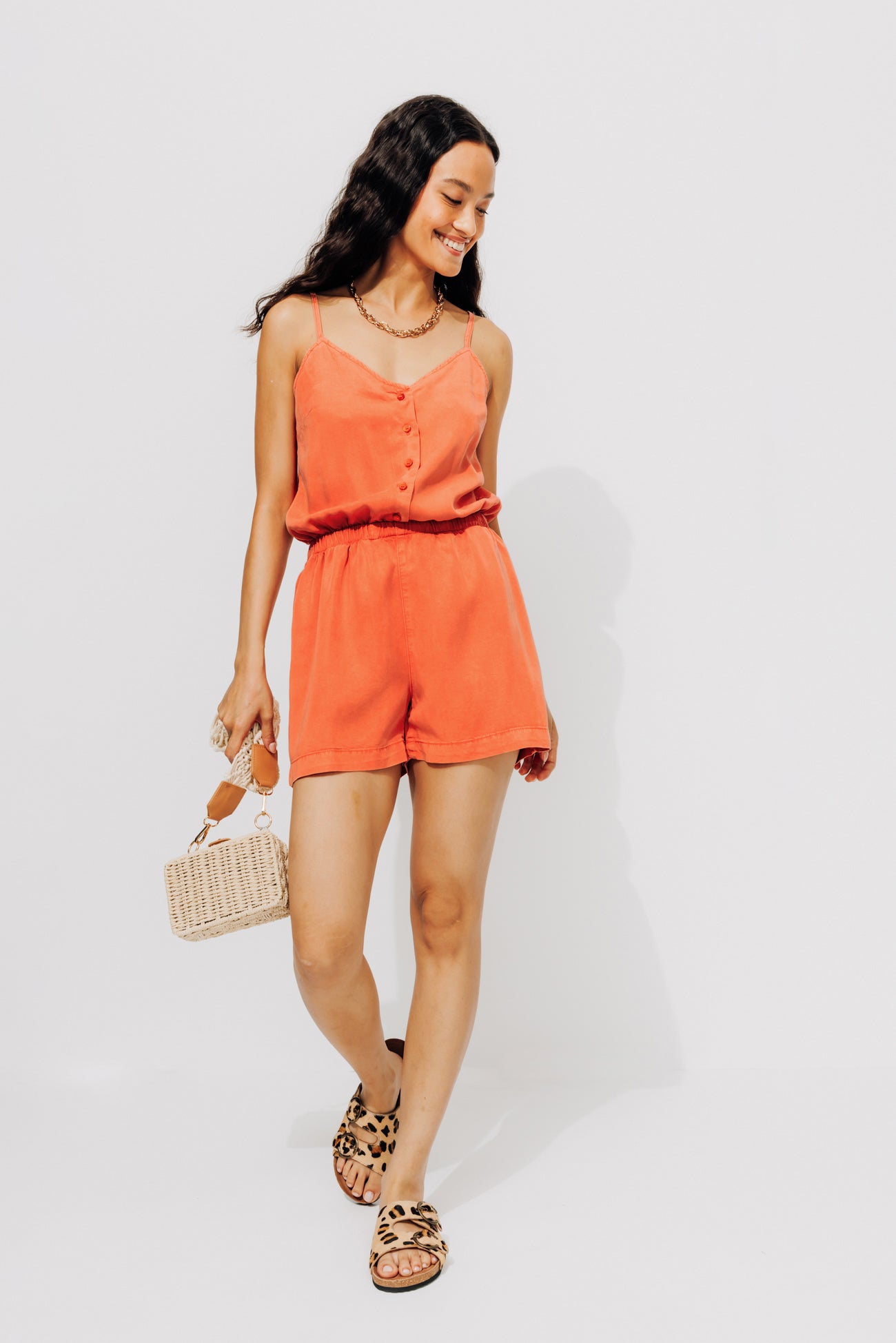 Lyocell shorts playsuit - Neon orange