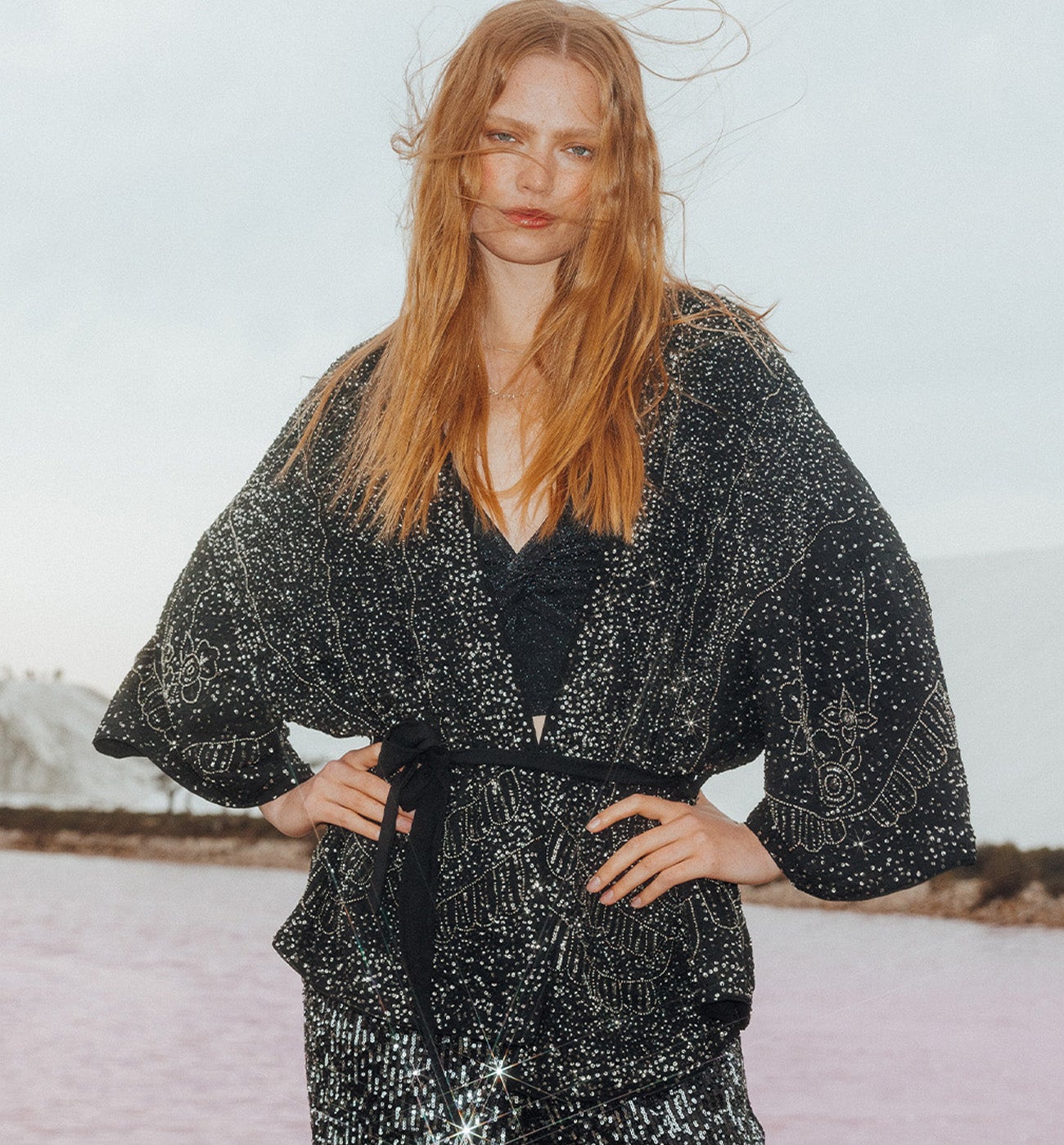 Embroidered kimono jacket - Black print